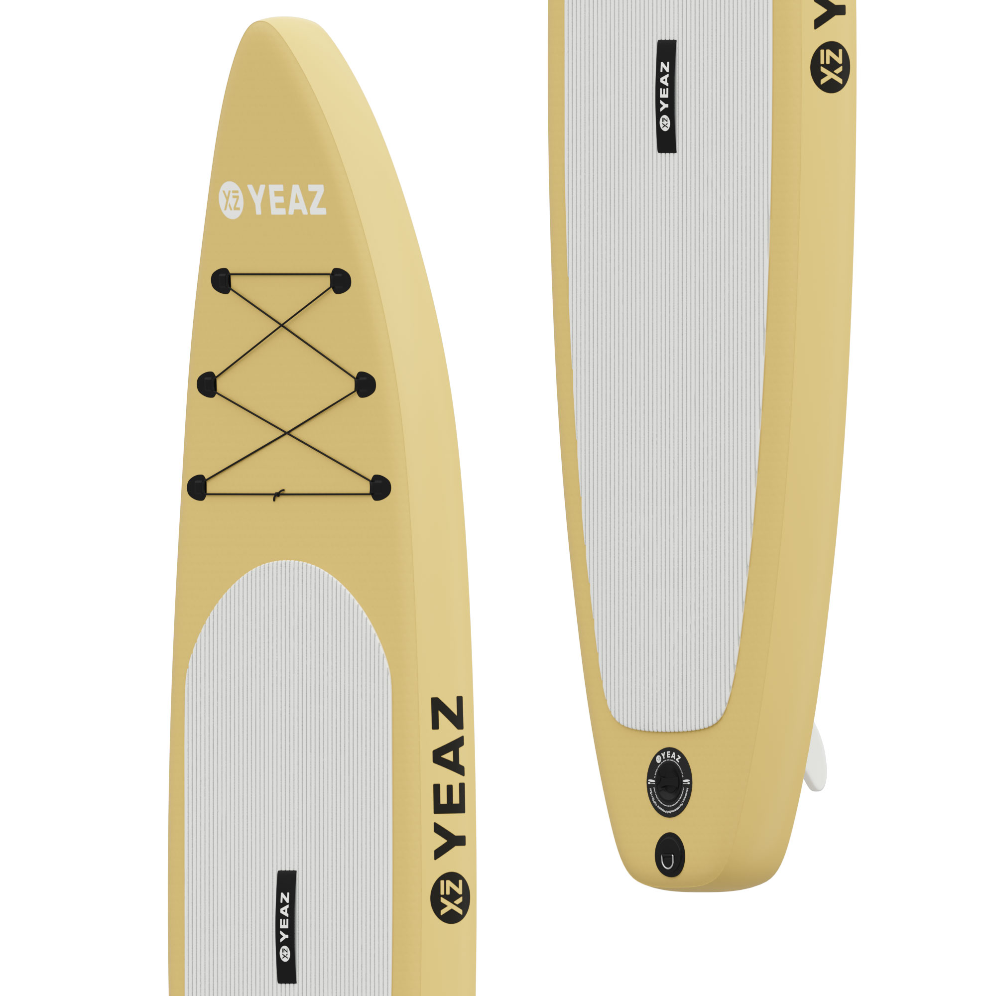Zwei gelbe Paddleboards, die Ober- und Unterseite zeigen. Der Hintergrund ist weiß.
