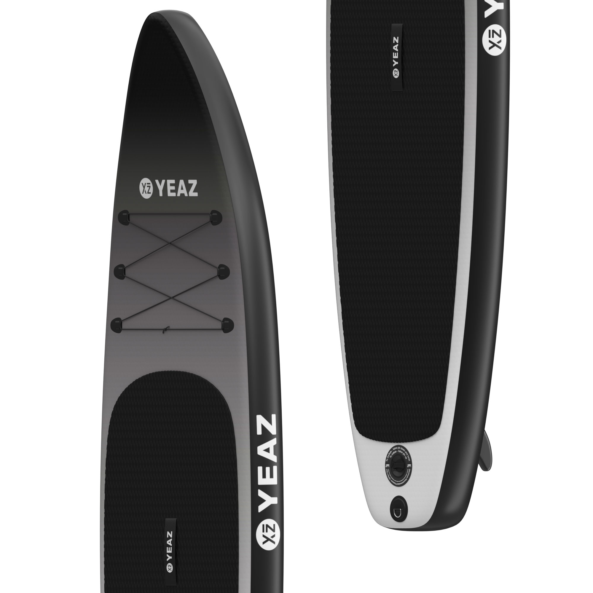 Schwarzes und graues Paddleboard mit 'YEAZ'-Logo, schräge Ansicht.