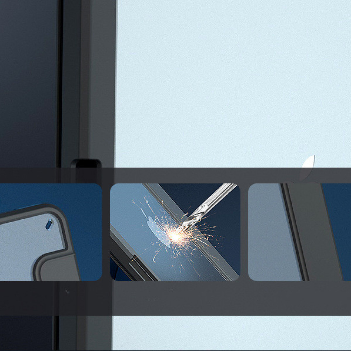 Nahaufnahme einer Handyhülle, die gebohrt wird. Funken fliegen. Teil des Telefons ist sichtbar.