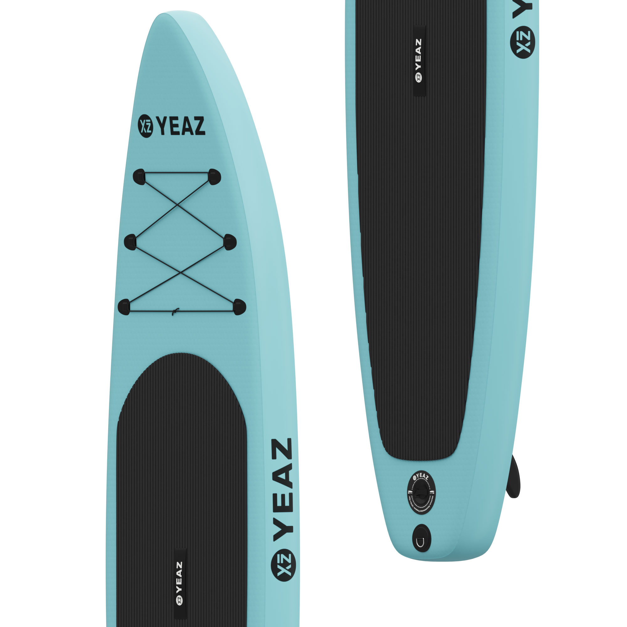 Zwei Stand-Up-Paddleboards, blaue Farbe, Marke YEAZ. Schwarzer Griffbereich und schwarzer Gurt.