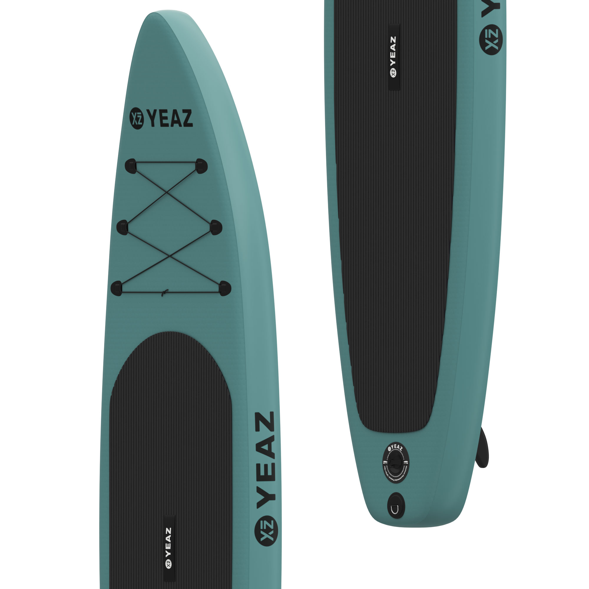Zwei türkisfarbene Paddleboards mit schwarzen Traktionspads, der Markenname 'YEAZ' ist sichtbar.