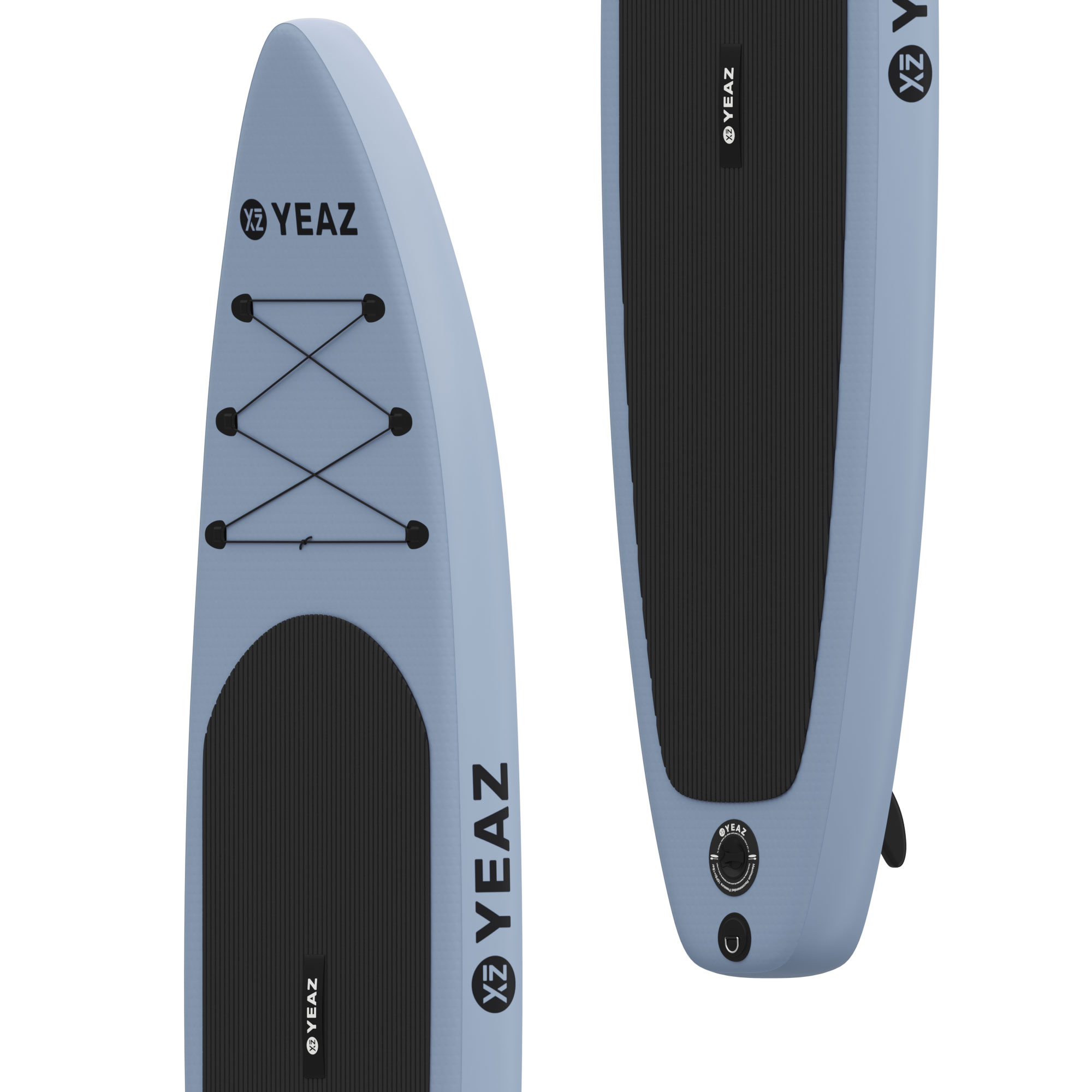 Zwei blaue Stand-Up-Paddleboards. Jedes Board hat Logos. Weißer Hintergrund.