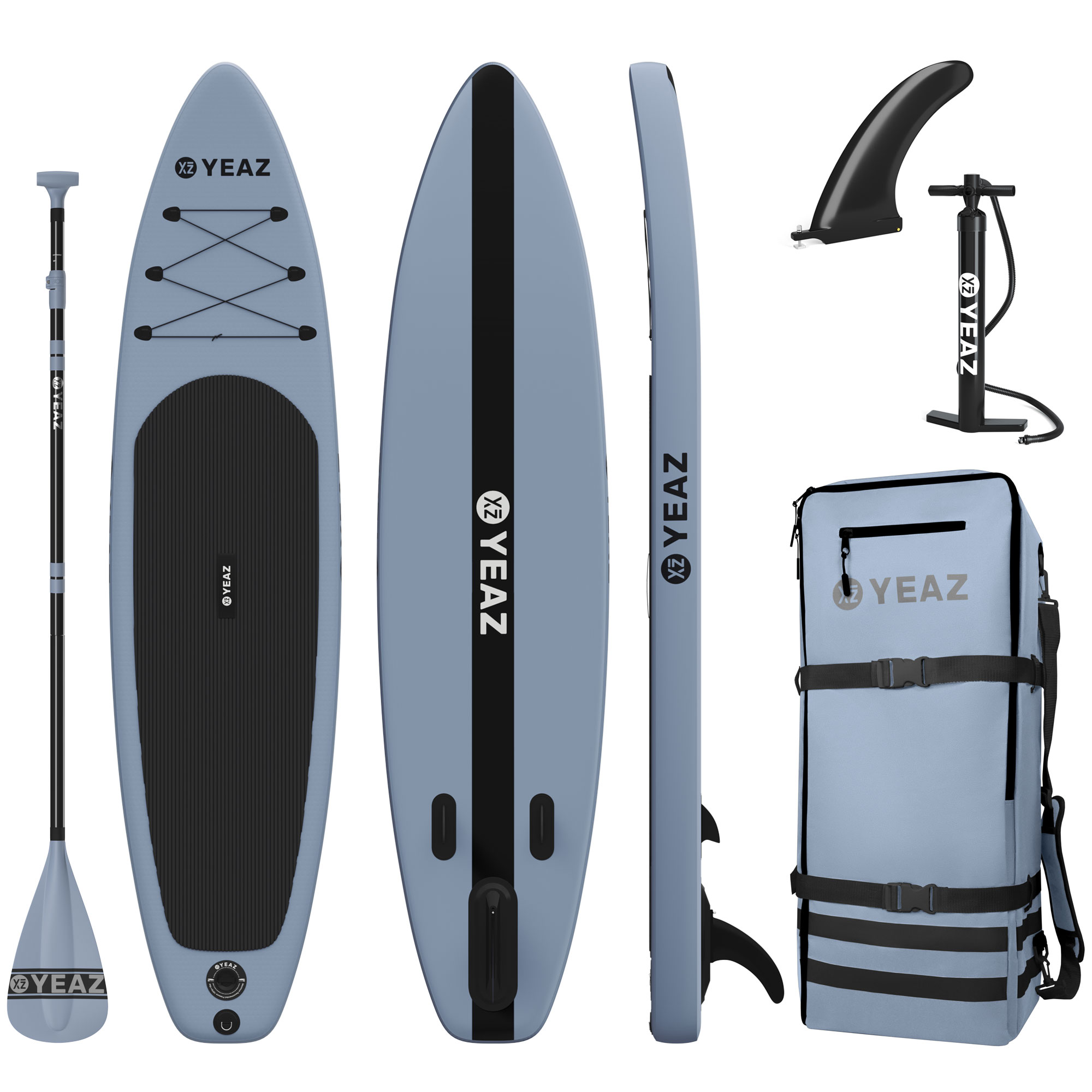 Hellblaues Stand-Up Paddleboard mit Zubehör: Paddel, Finne, Pumpe und Tasche.