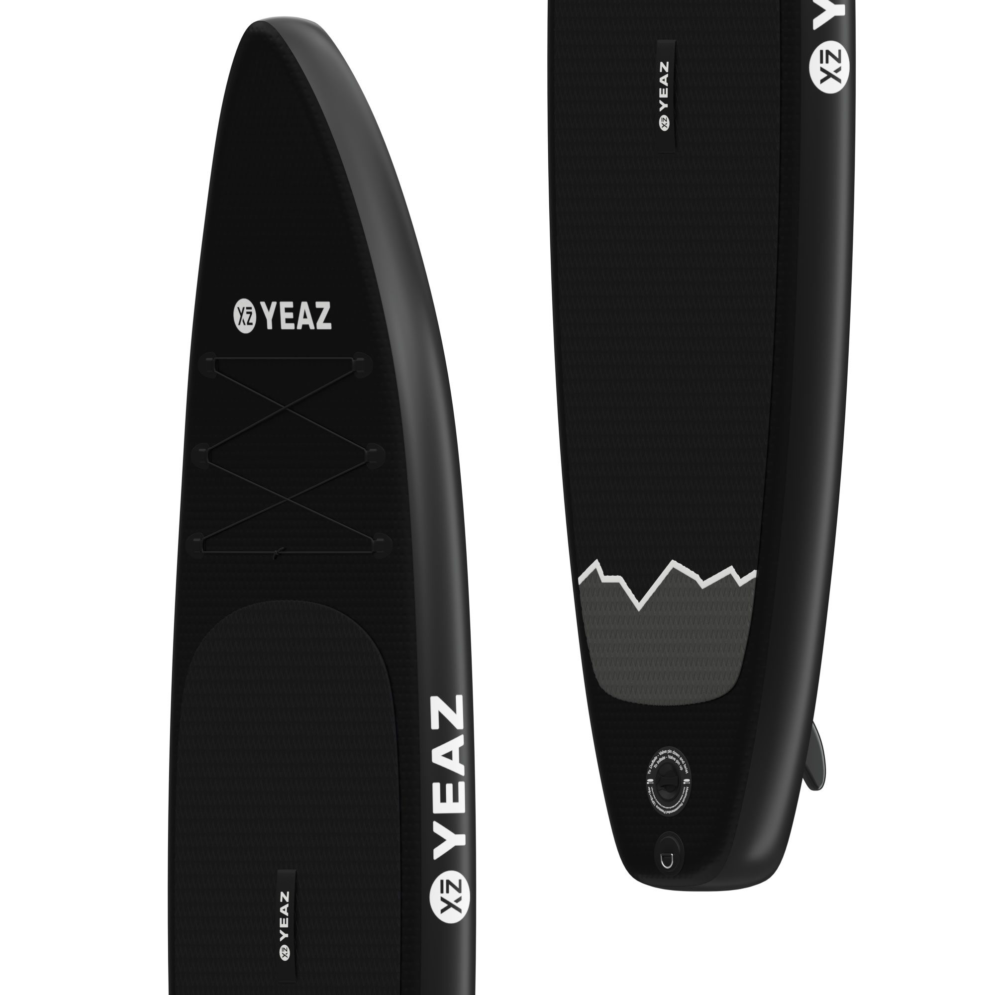 Schwarzes Stand-Up-Paddleboard mit Logo und Bergdesign auf der Unterseite.