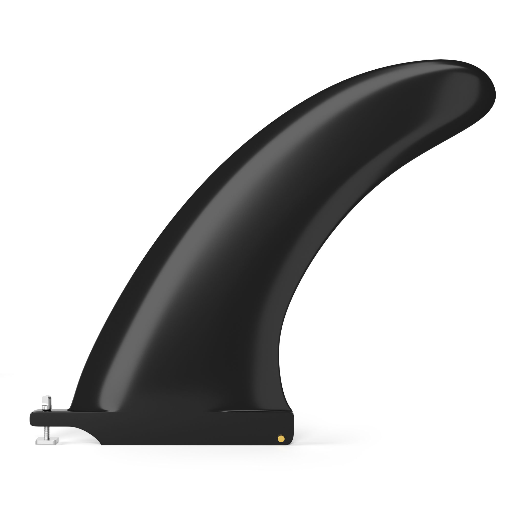 Schwarze Surfbrettflosse. Die Flosse ist schwarz mit Metallbasis und Schraube.