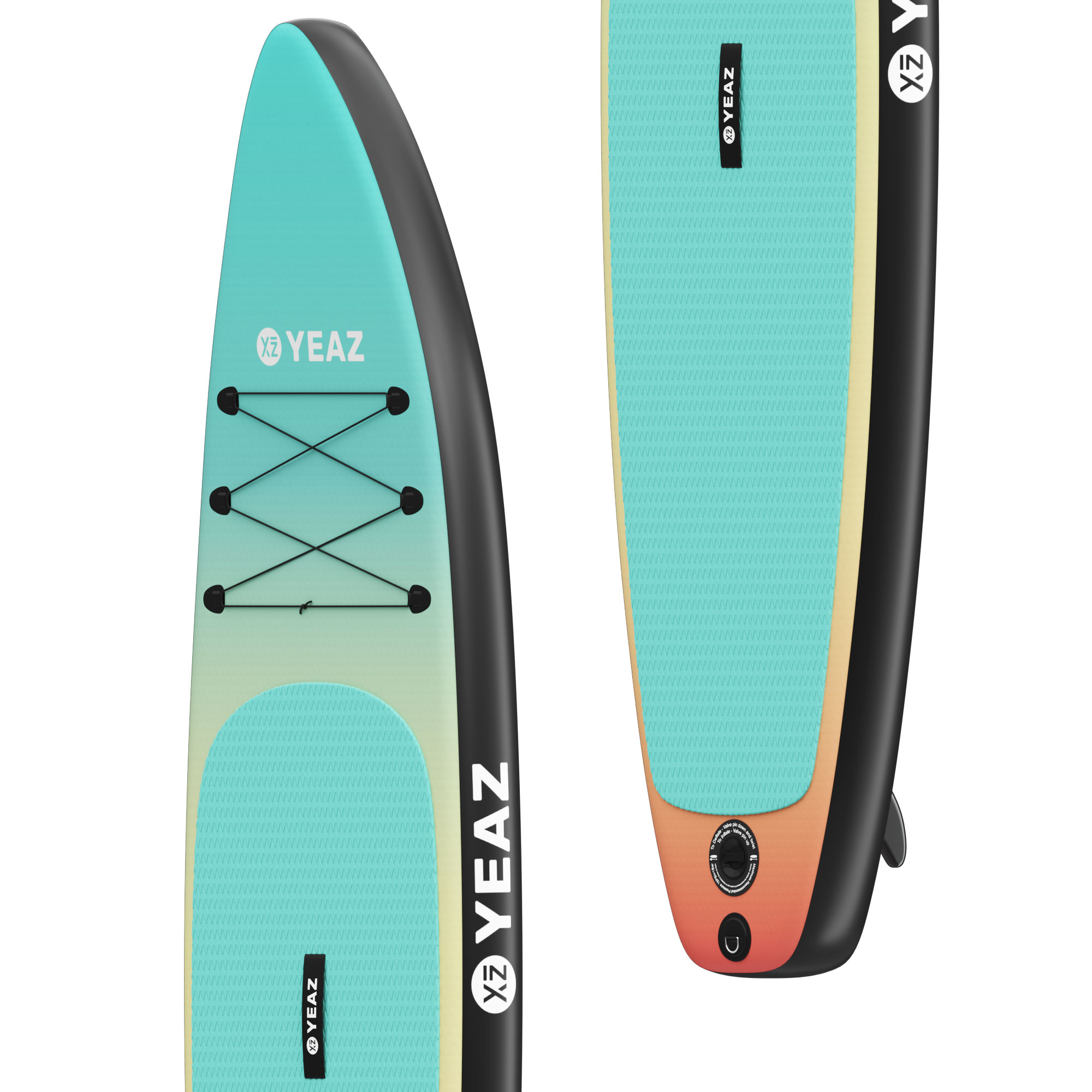 Deux planches de paddle, vertes et bleues, avec la marque YEAZ sur fond blanc.