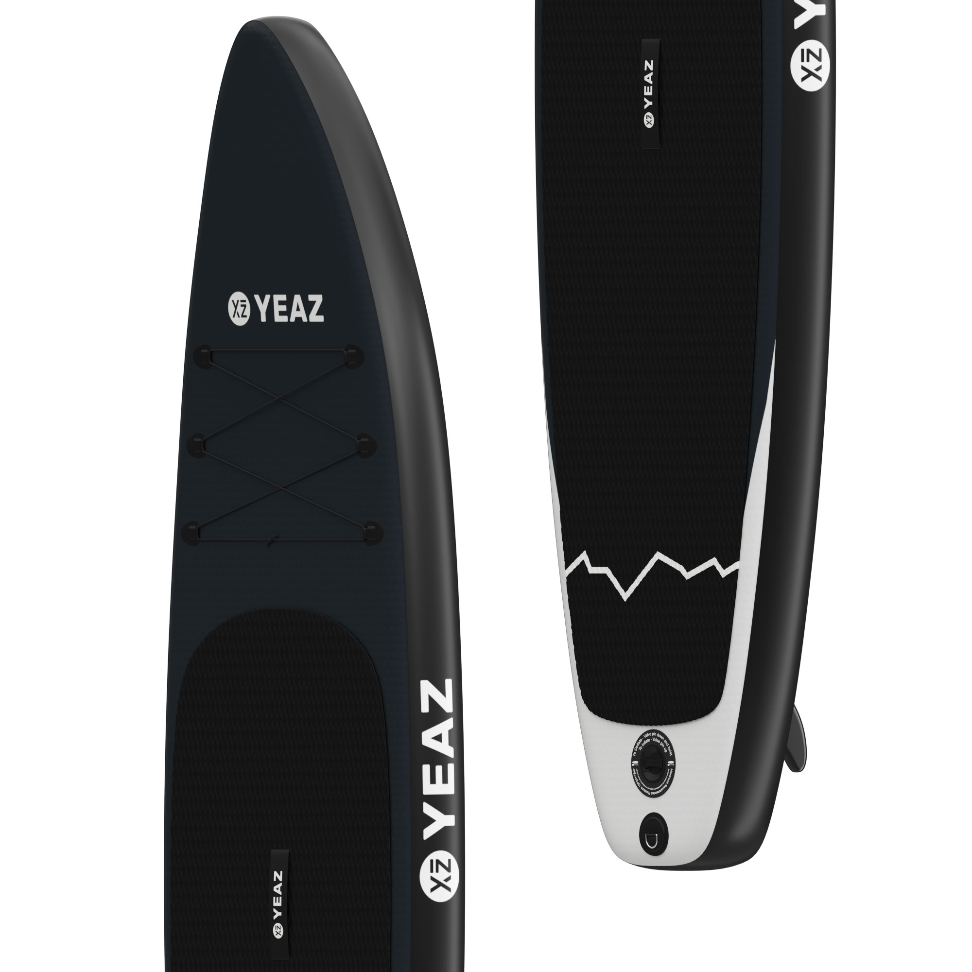 Zwei Paddleboards werden gezeigt, eines auf der Seite und eines aufrecht. Beide schwarz-weiß mit YEAZ-Schriftzug.