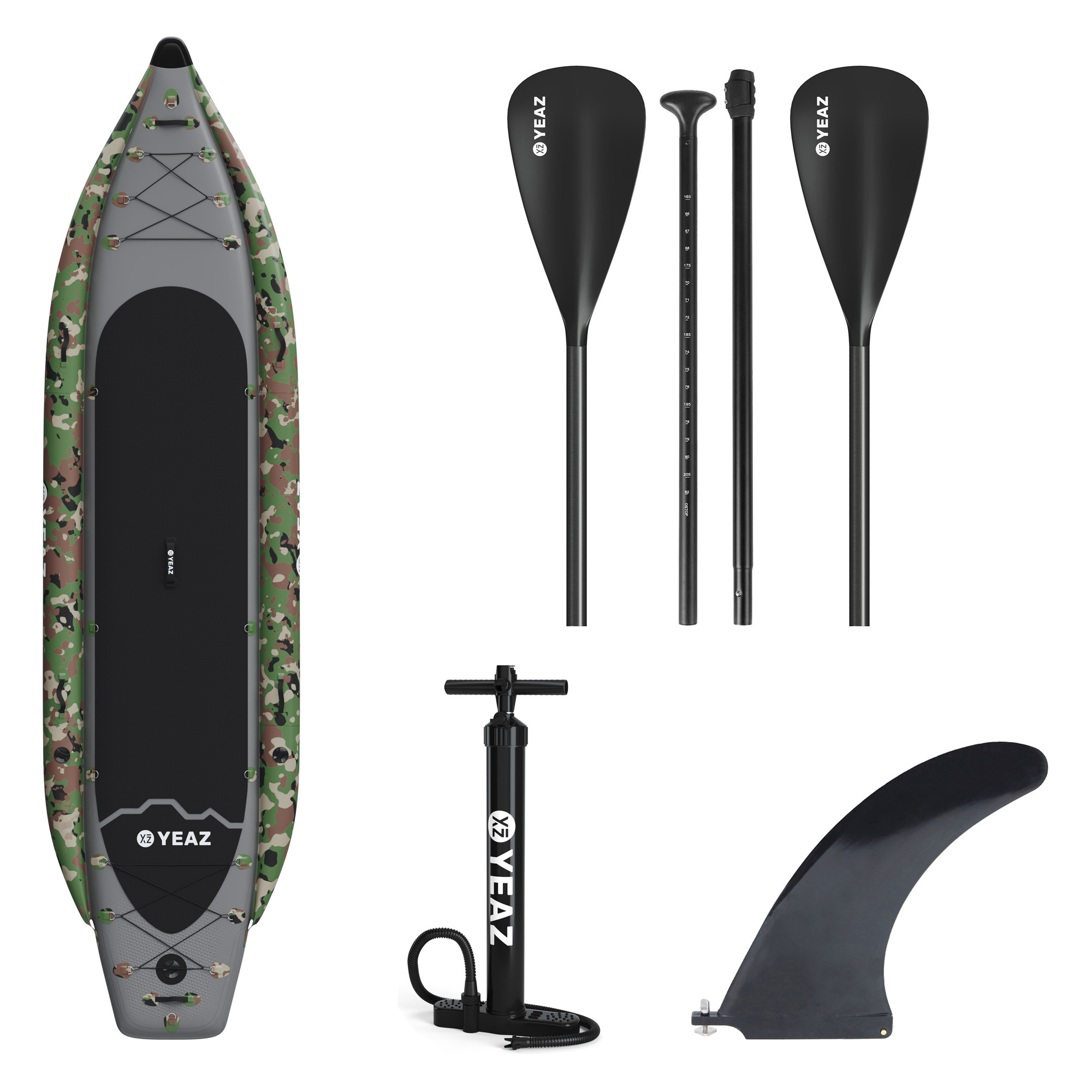 Ein Stand-Up-Paddleboard mit Paddel, Pumpe und Finne auf weißem Hintergrund.