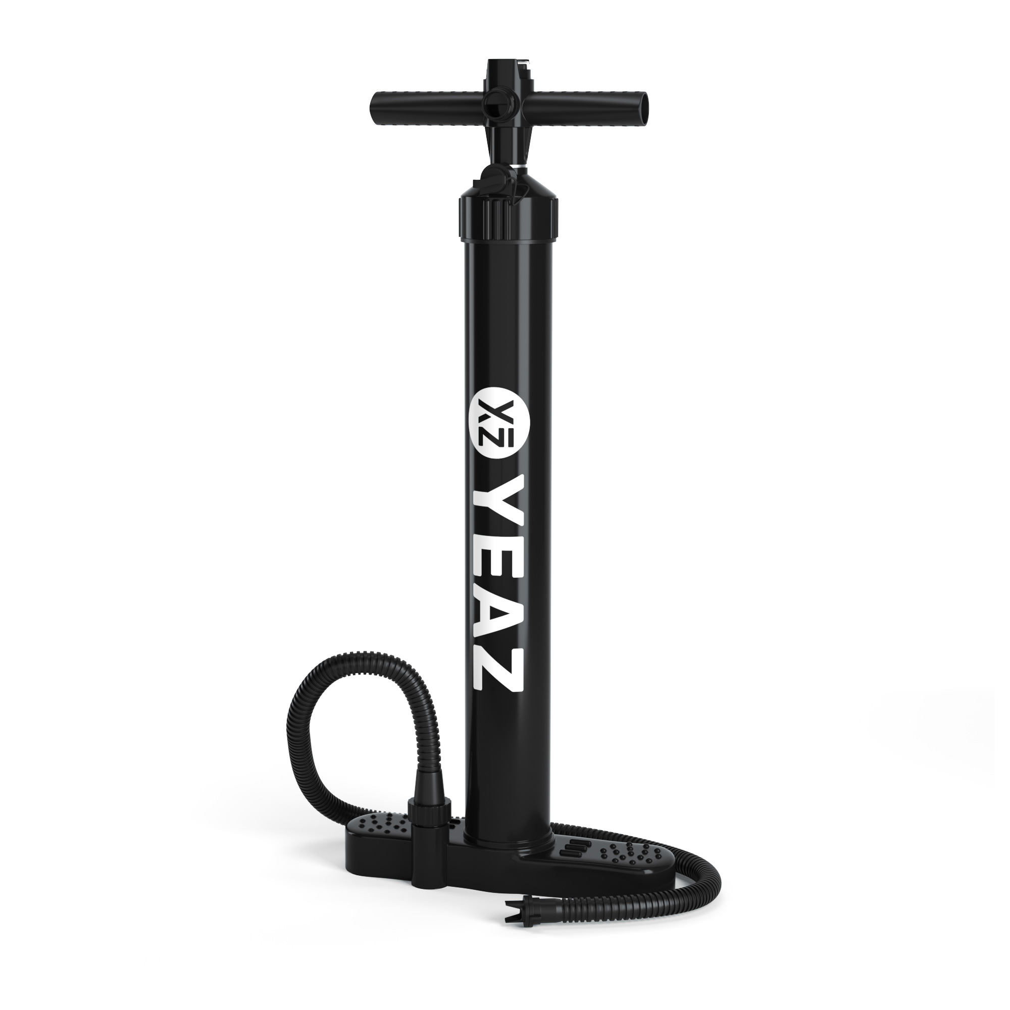 Eine schwarze manuelle Pumpe mit Schlauch und Fußstütze. Die Pumpe hat weißen Text mit der Aufschrift "YEAZ".
