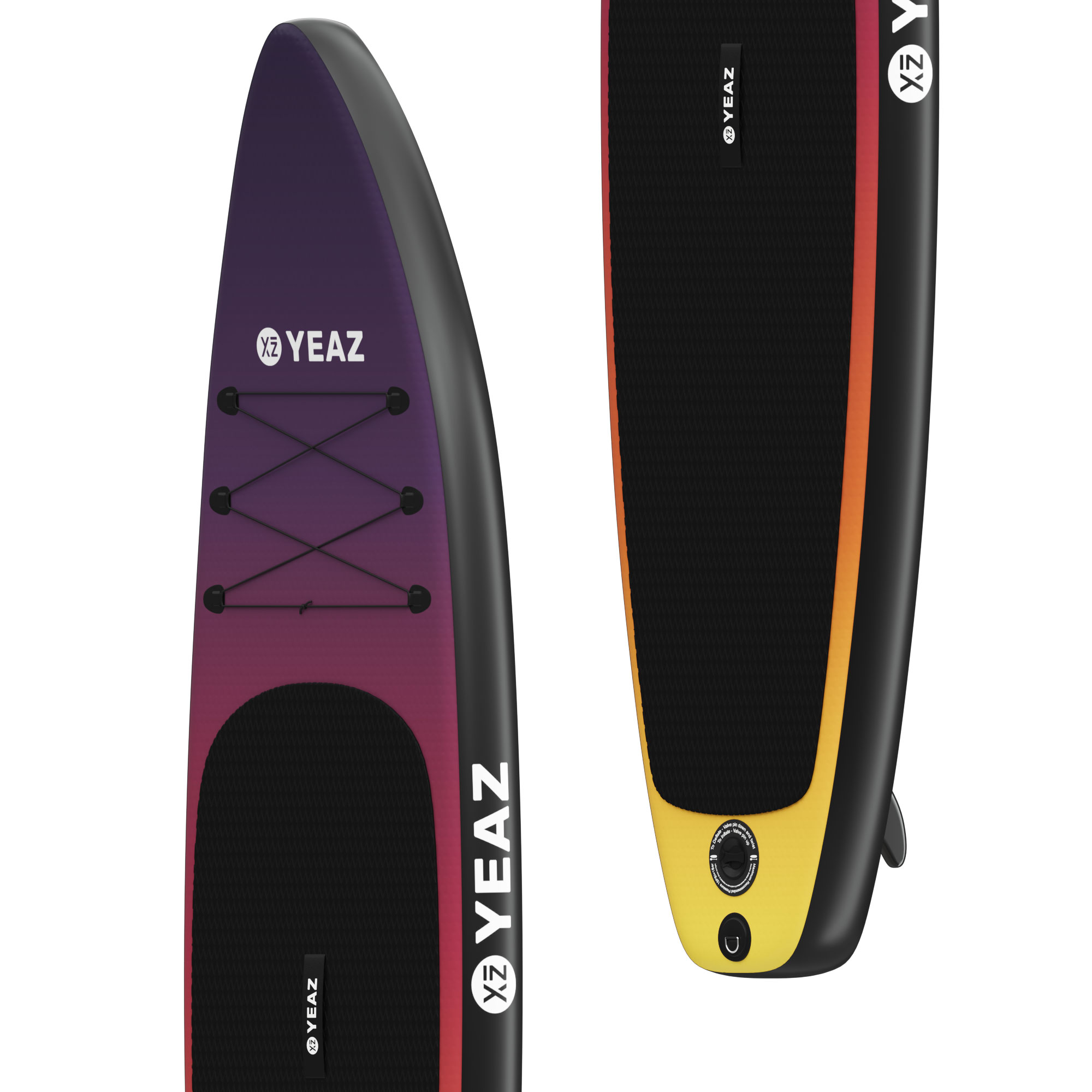 Zwei Stand-Up-Paddleboards. Eines hat ein lila und rotes Farbverlaufsdesign. Das andere hat ein schwarz-gelbes Design.