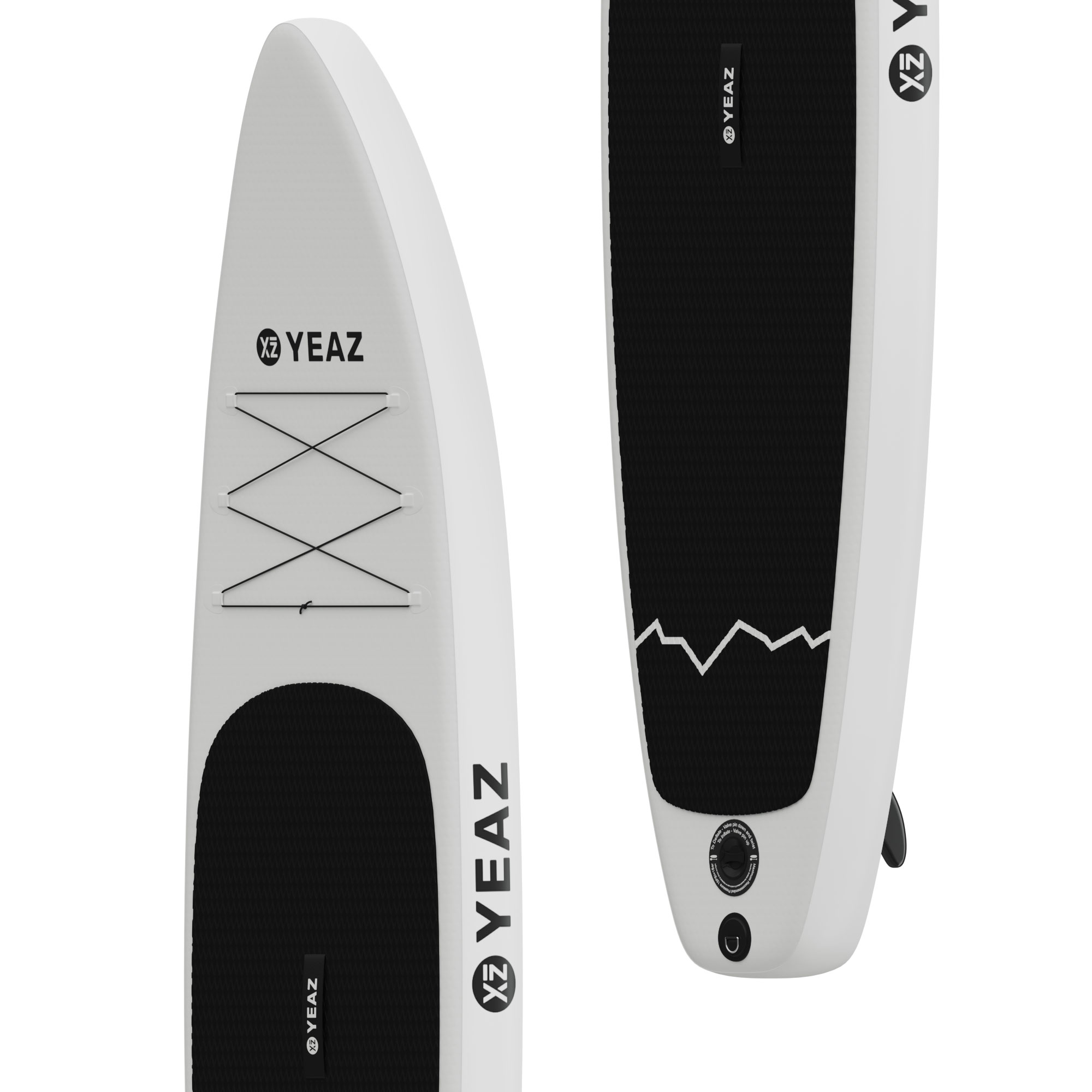 Weißes und schwarzes Stand-Up-Paddleboard. Mit YEAZ-Logo und schwarzem Bereich für die Füße.