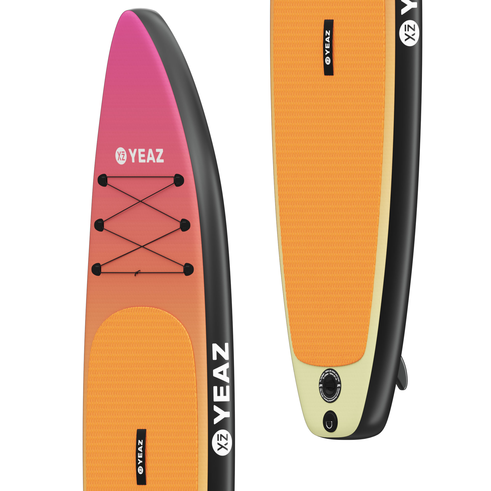 Zwei Stand-Up-Paddleboards, eines mit rosa-orangefarbenem Farbverlauf, das andere orange-schwarz. Beide haben Logos.