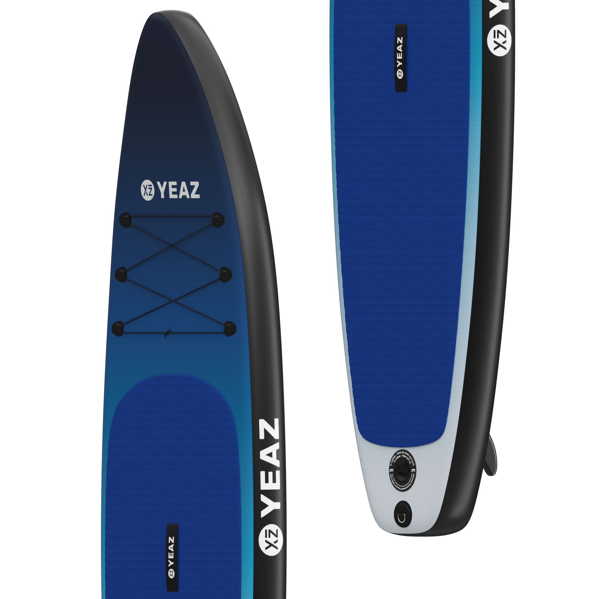 Deux planches de paddle bleues. Celle de gauche montre l'avant, celle de droite l'arrière.