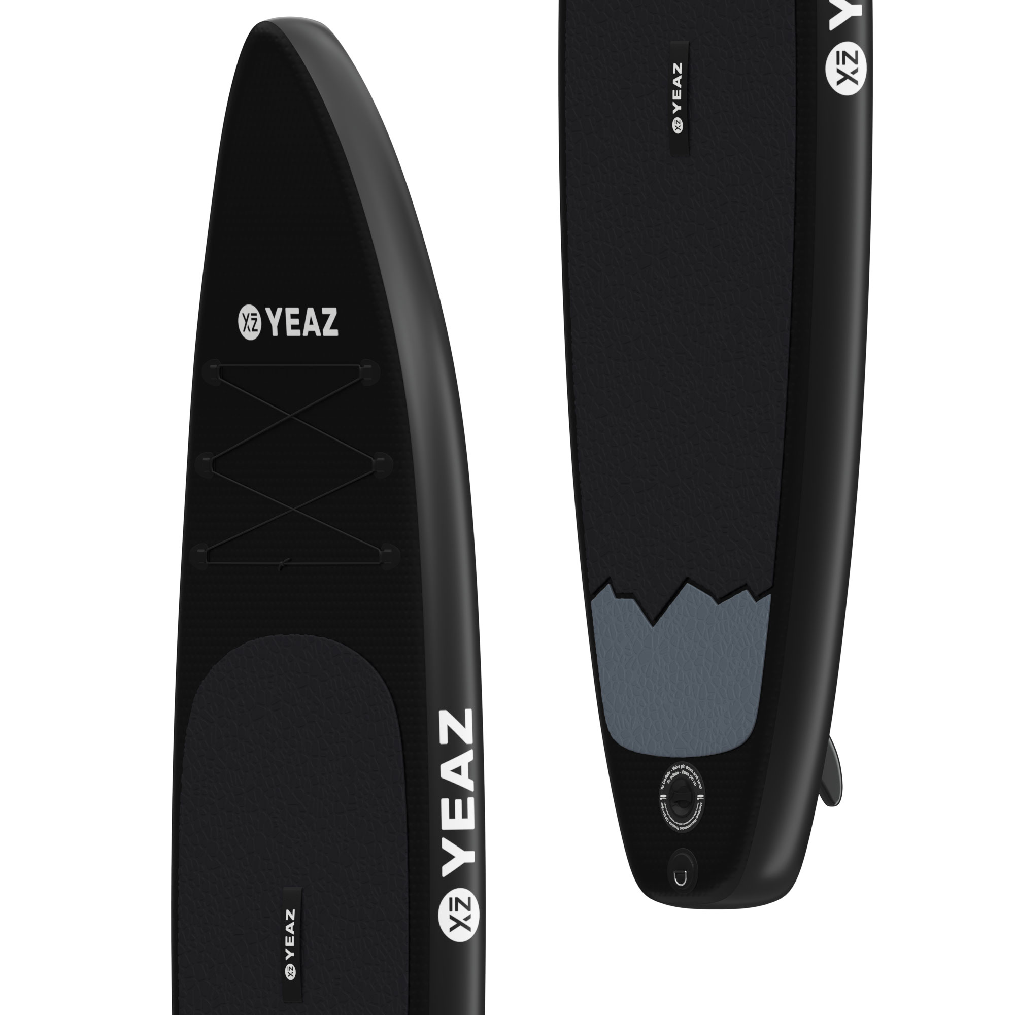 Schwarze Paddleboards mit weißem Text. Linkes Board zeigt die Vorderseite, rechtes die Rückseite.