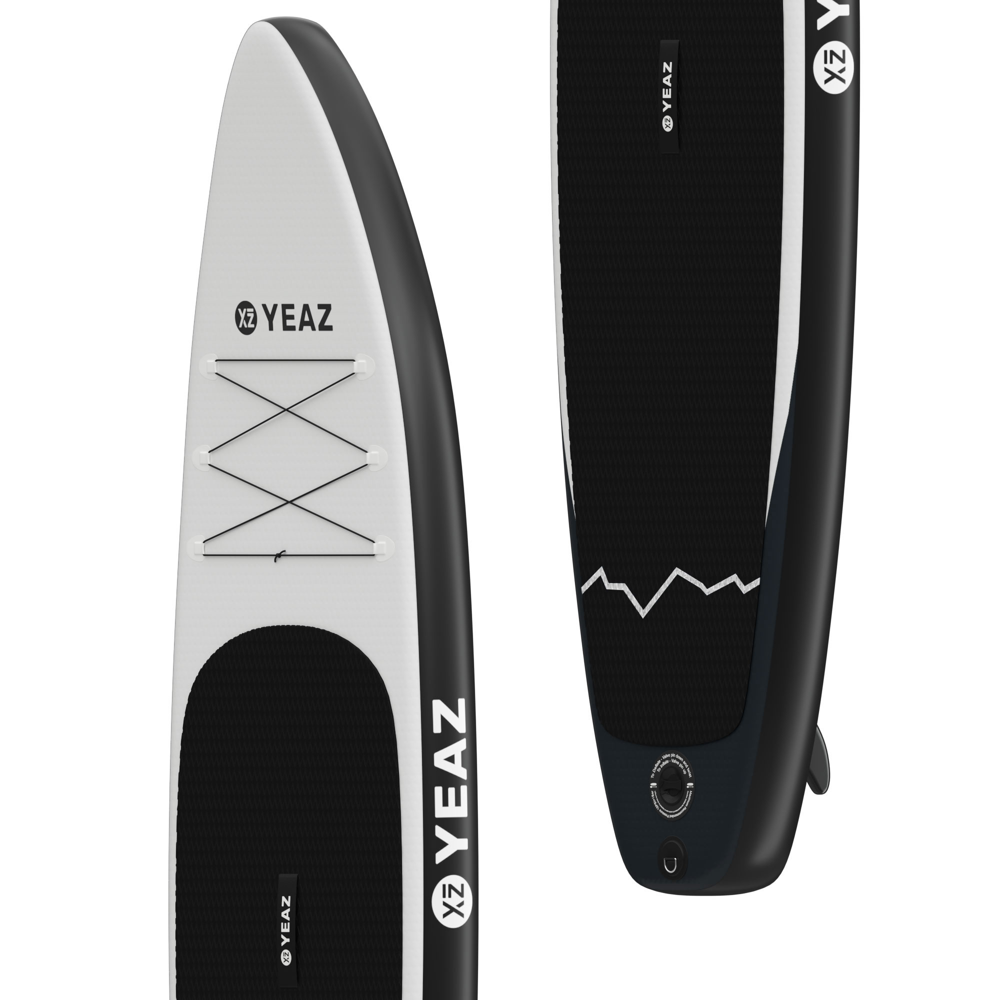 Zwei weiße und schwarze YEAZ Paddleboards. Das obere Board hat einen schwarzen Bereich.