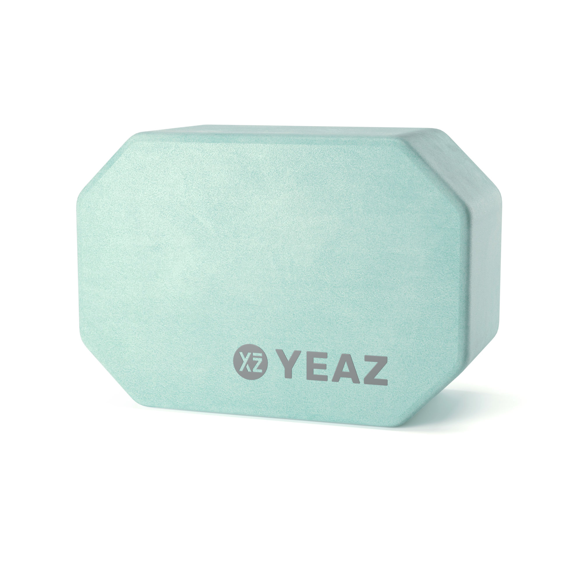 Ein hellgrüner, achteckiger Yogablock mit 'YEAZ' und Logo in der Mitte.