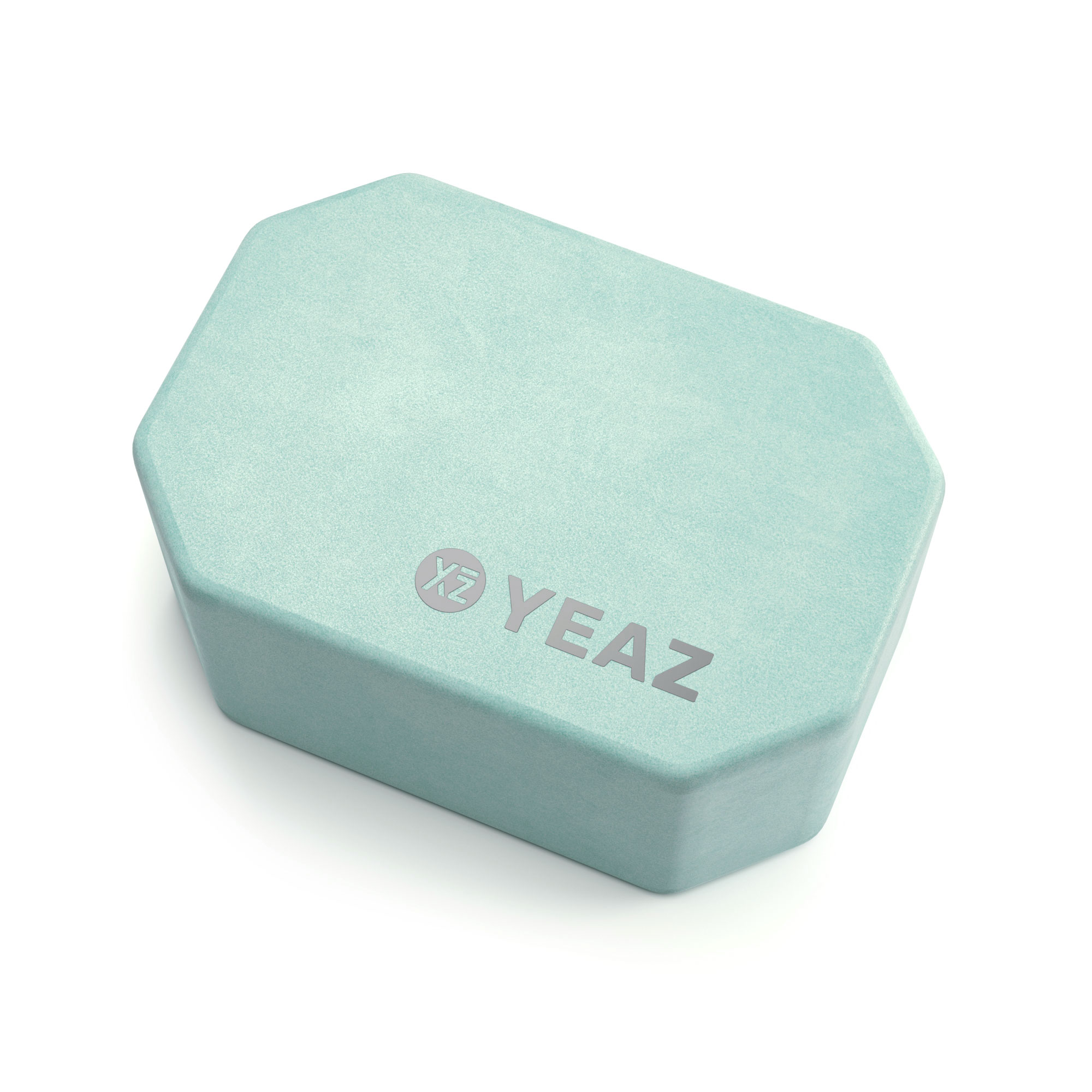 Ein hellblauer Yogablock mit Text: YZ YEAZ.