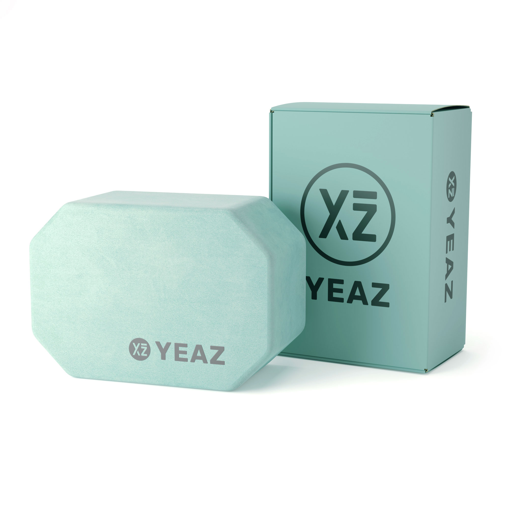 Eine hellgrüne Box und ein hellgrüner Yogablock. Text: Yeaz-Logo. Box hat Yeaz-Logo.