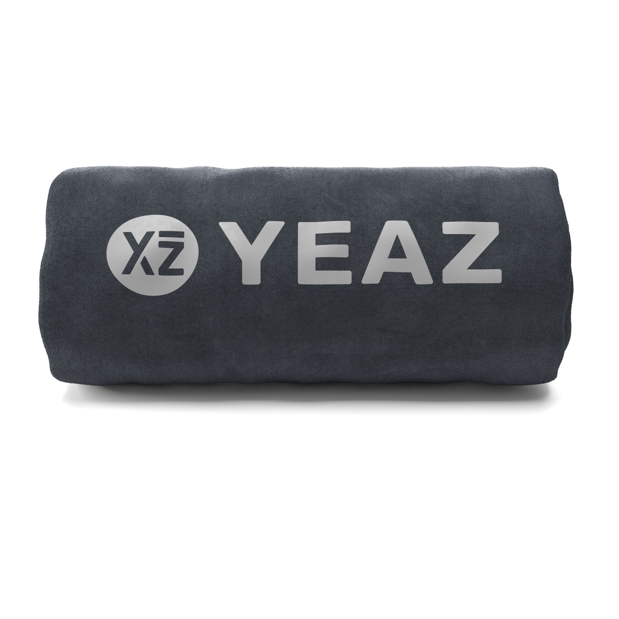 Dunkelgraues Yeaz-Handtuch. Weißes Logo und Text. Aufgerollt, flache Oberfläche. Weißer Hintergrund.