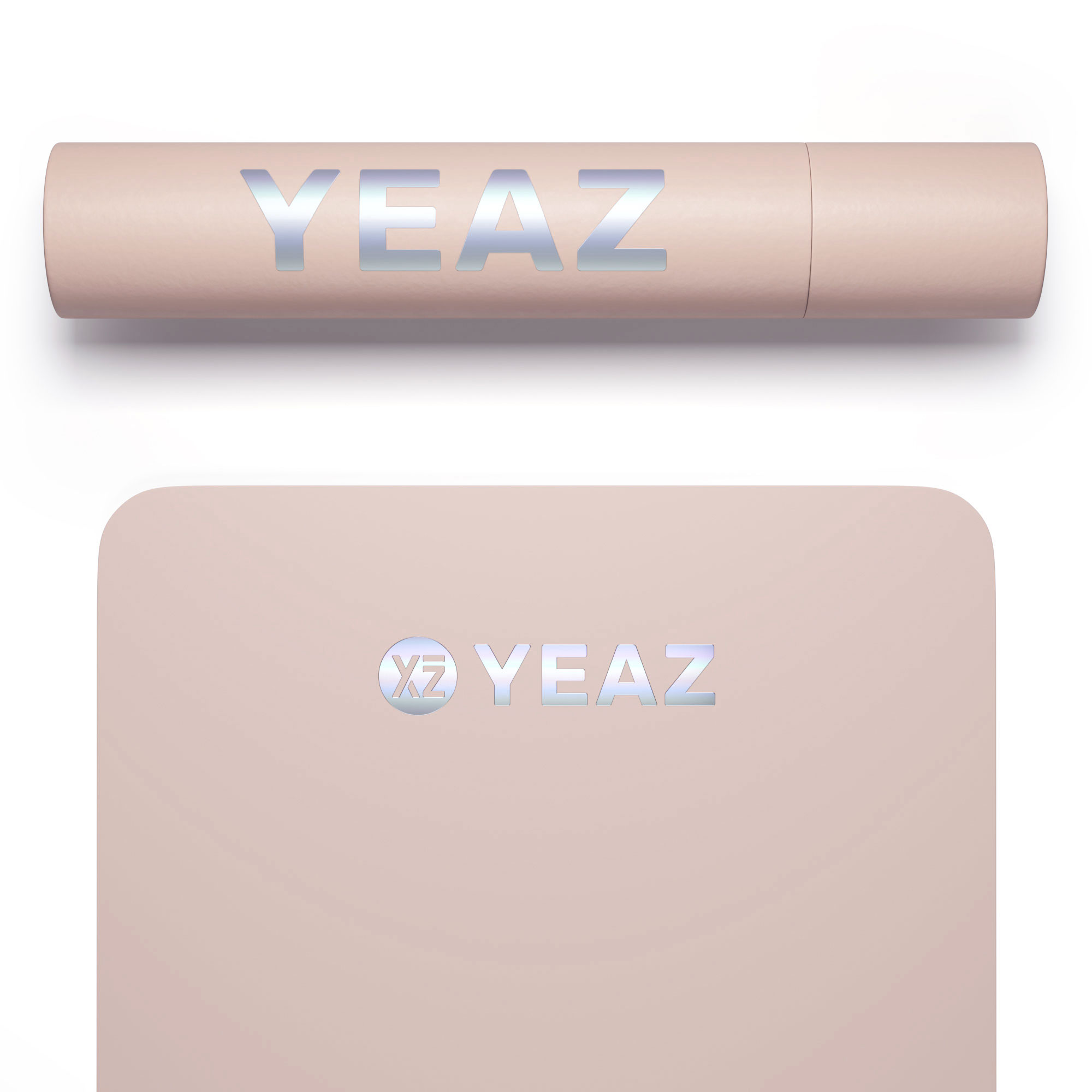 Eine hellrosa Box und ein hellrosa Pad mit dem Wort "YEAZ" in Silber.