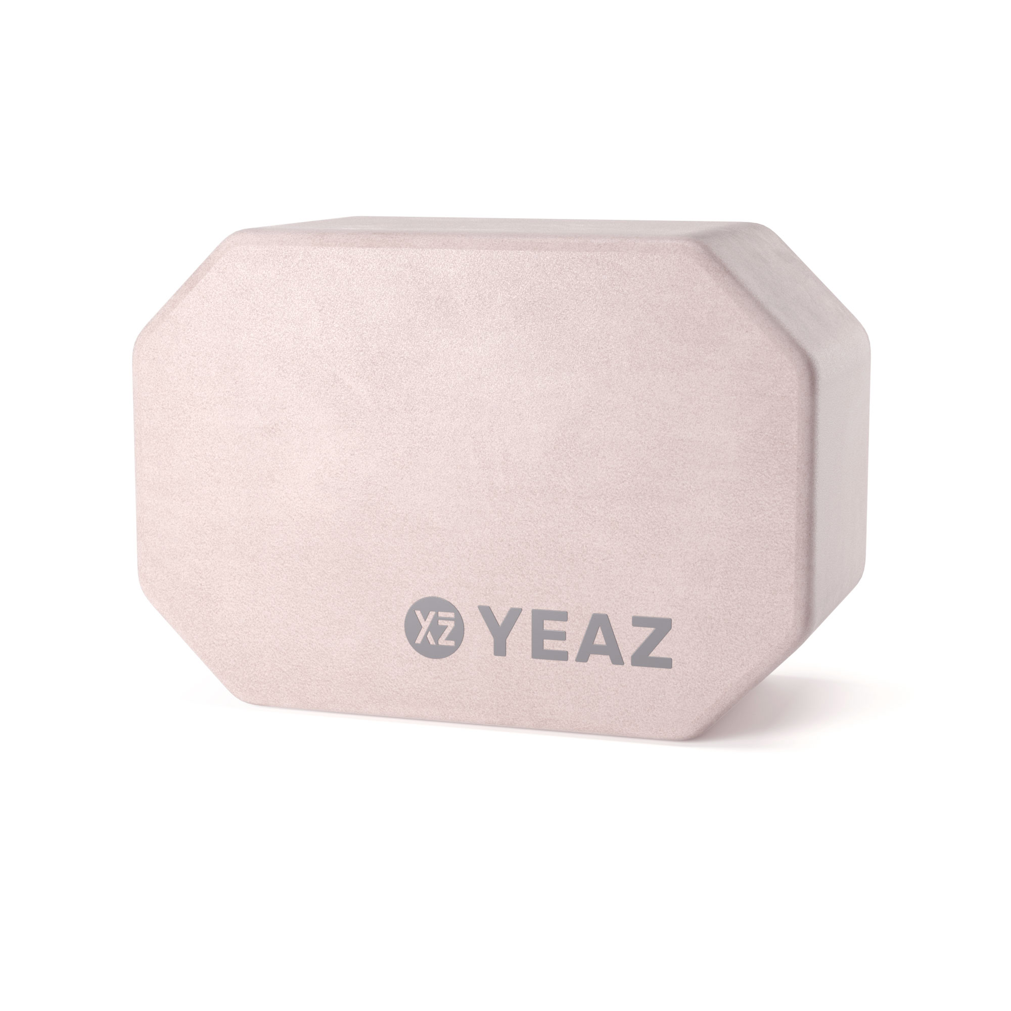 Ein hellrosa achteckiger Block mit dem Text 'YEAZ' in Grau.