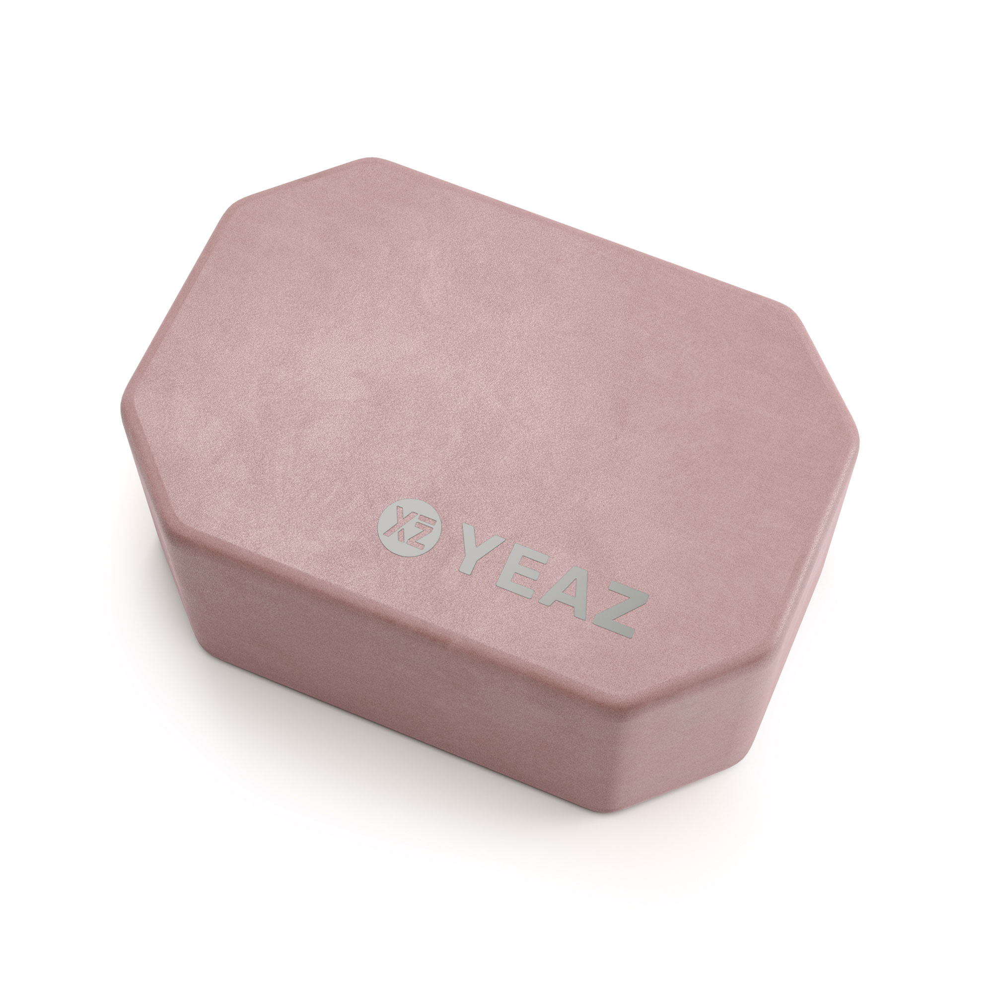 Rosa, achteckiges Objekt mit dem Text 'YEAZ', auf einer weißen Oberfläche platziert.