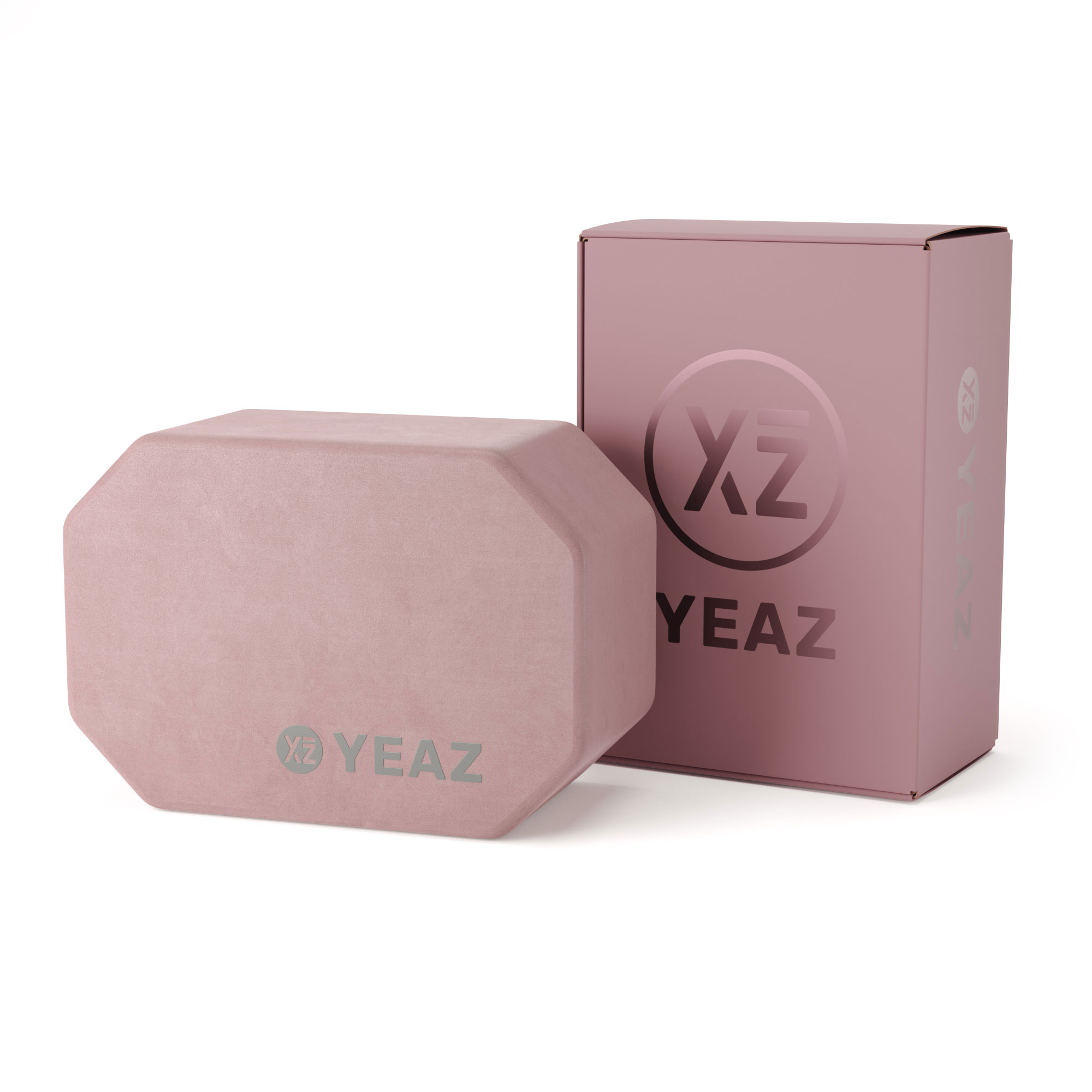 Pinker Schaumstoffblock und Box. Text: YEAZ. Achteckige Form, silbernes Logo.