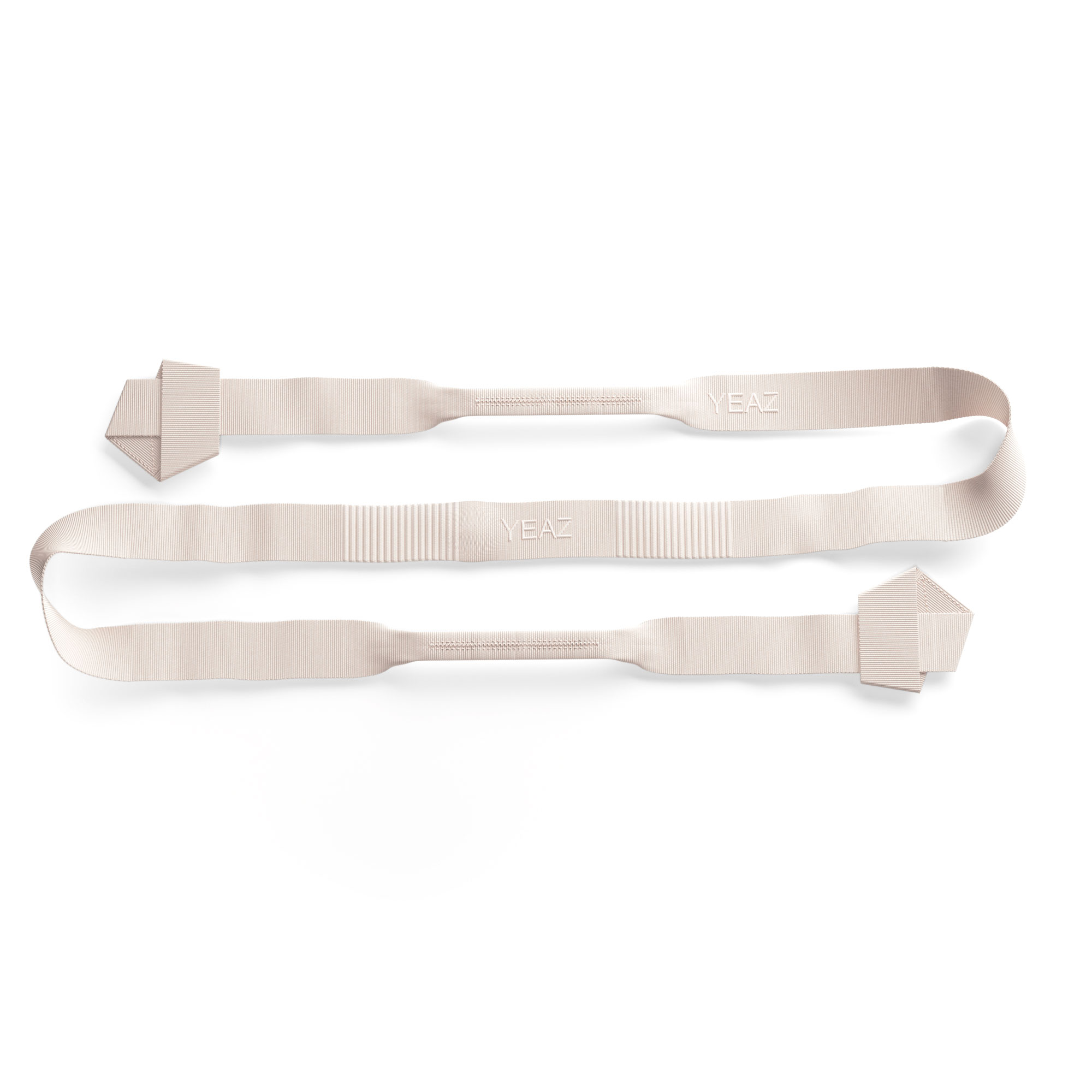 Zwei beige Gurte mit YEAZE-Text und Zickzack-Design.
