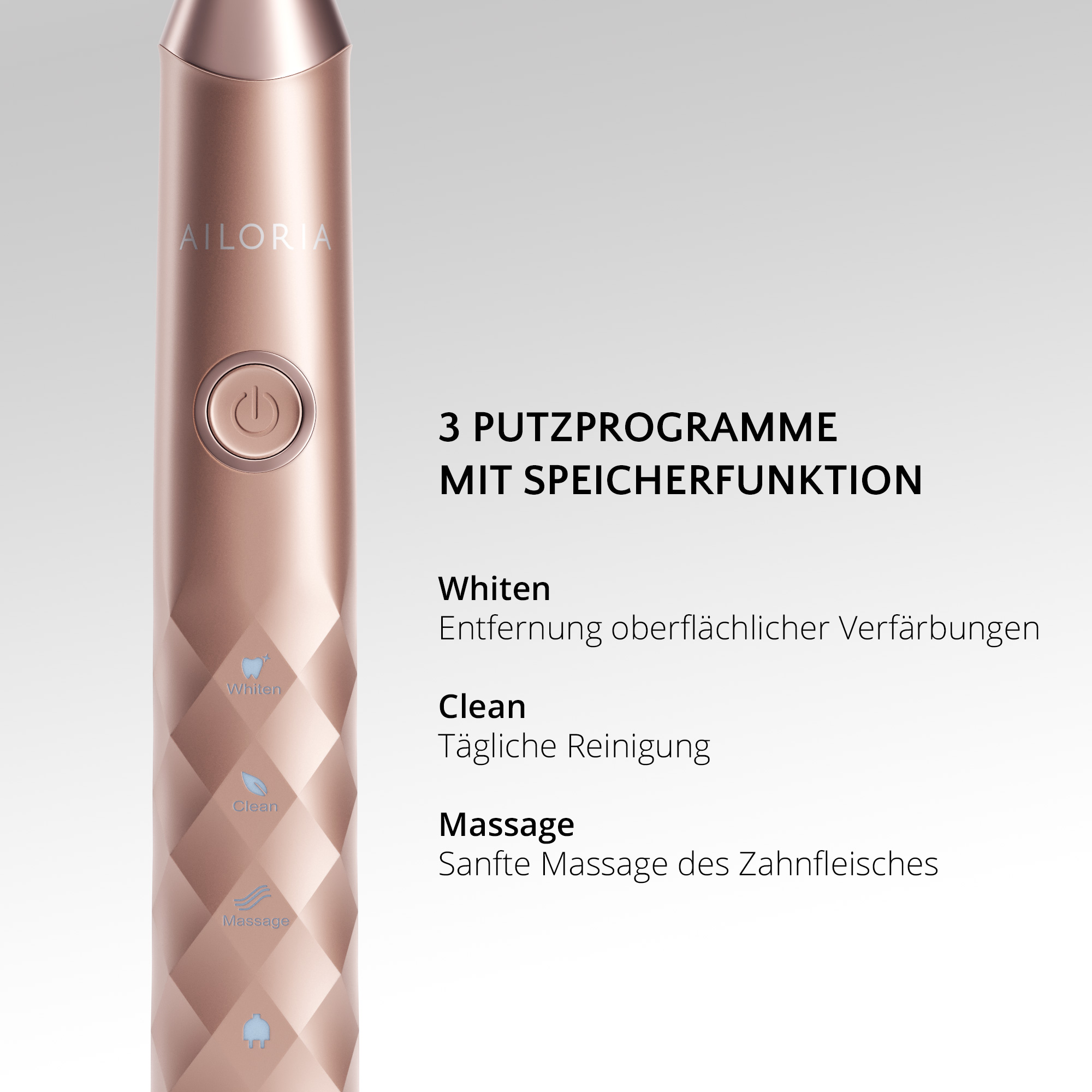 Eine roségoldene Zahnbürste mit Text, der die Modi Aufhellen, Reinigen und Massieren erklärt.