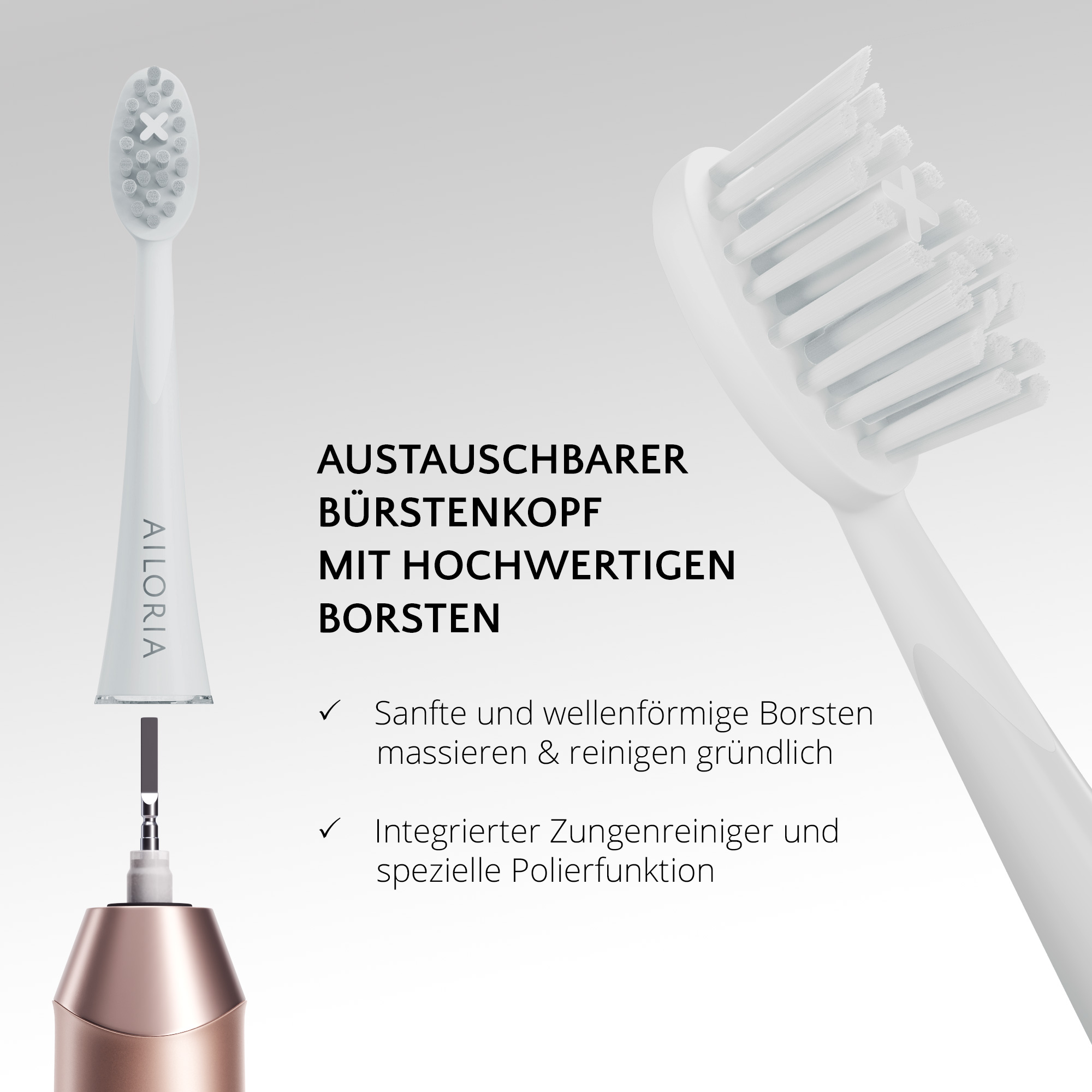 Nahaufnahme eines weißen Zahnbürstenkopfs mit Details zum Ersatzkopf und Text zum Produkt.