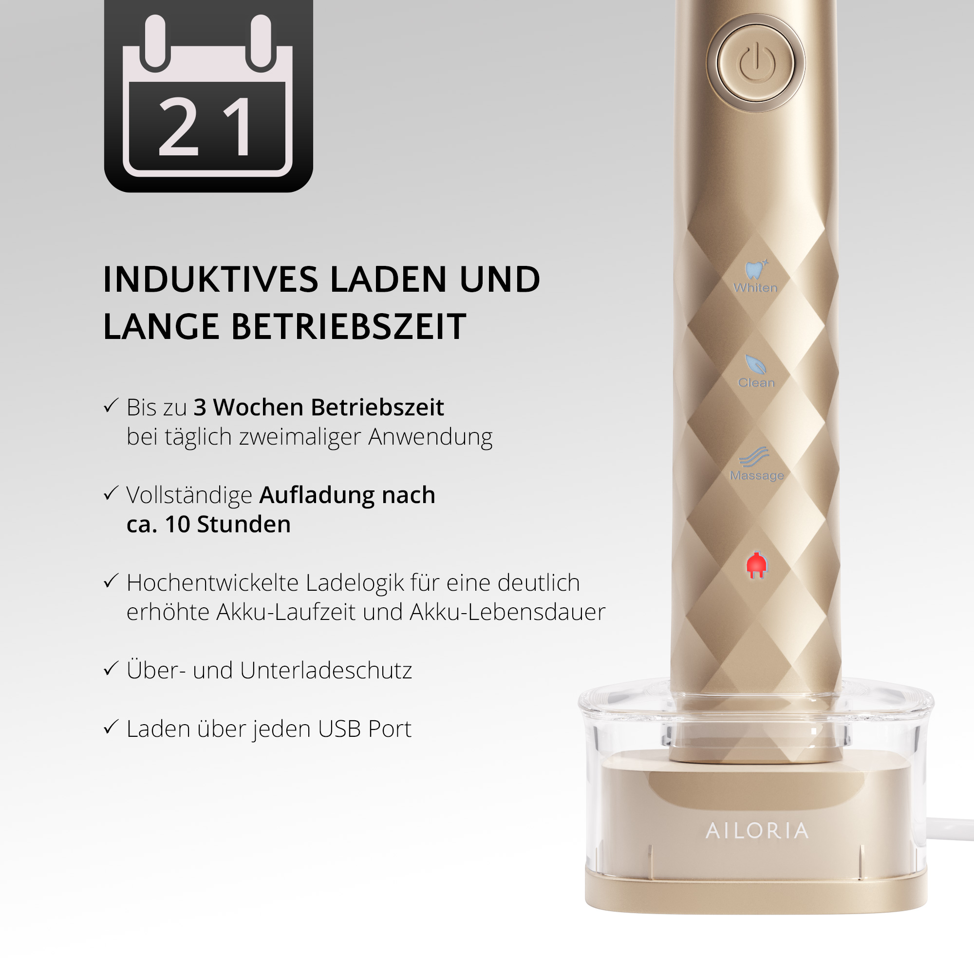 Goldene elektrische Zahnbürste in Ladestation neben Kalender mit der 21.