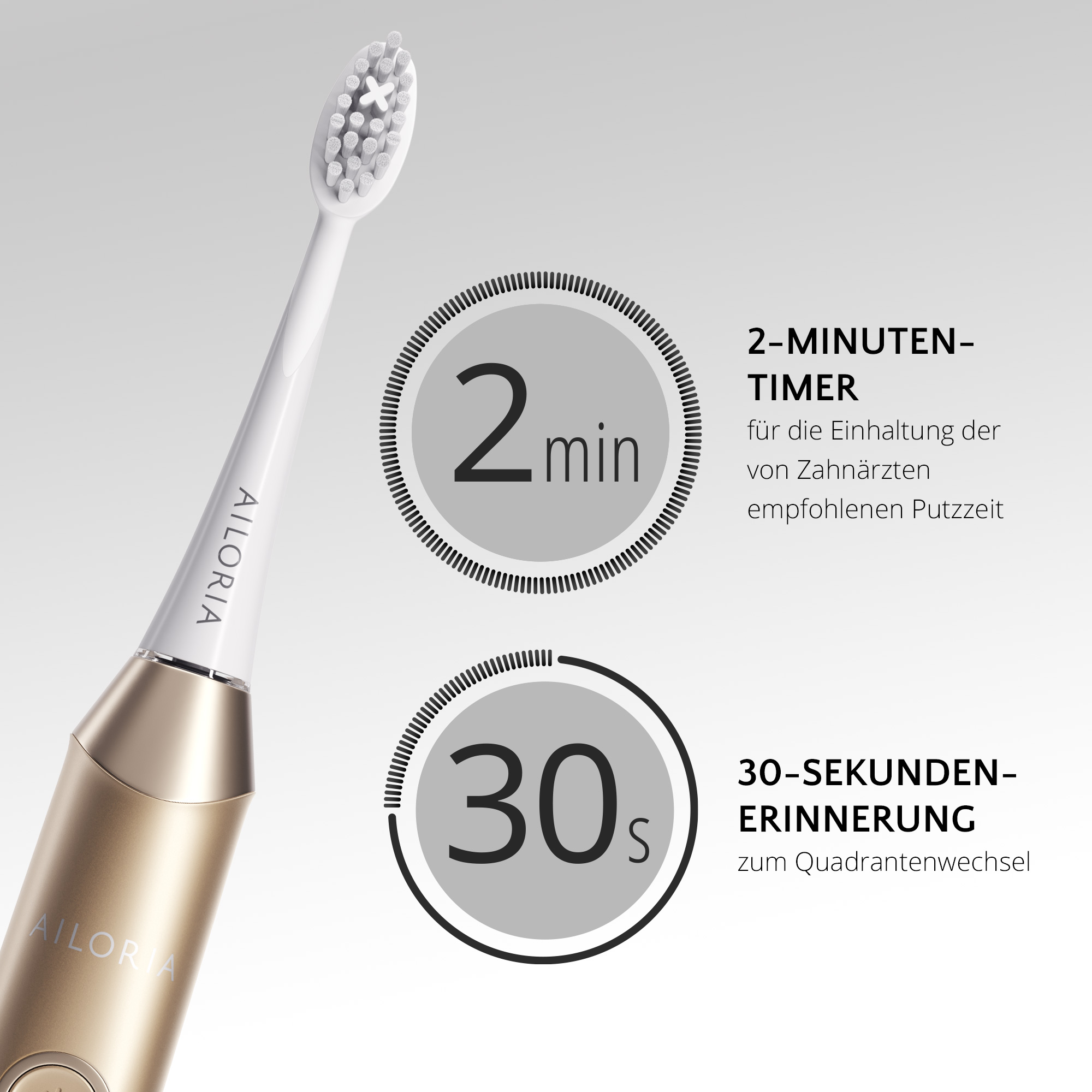 Elektrische Zahnbürste, gold. Text: 2-Minuten-Timer, 30-Sekunden-Erinnerung.