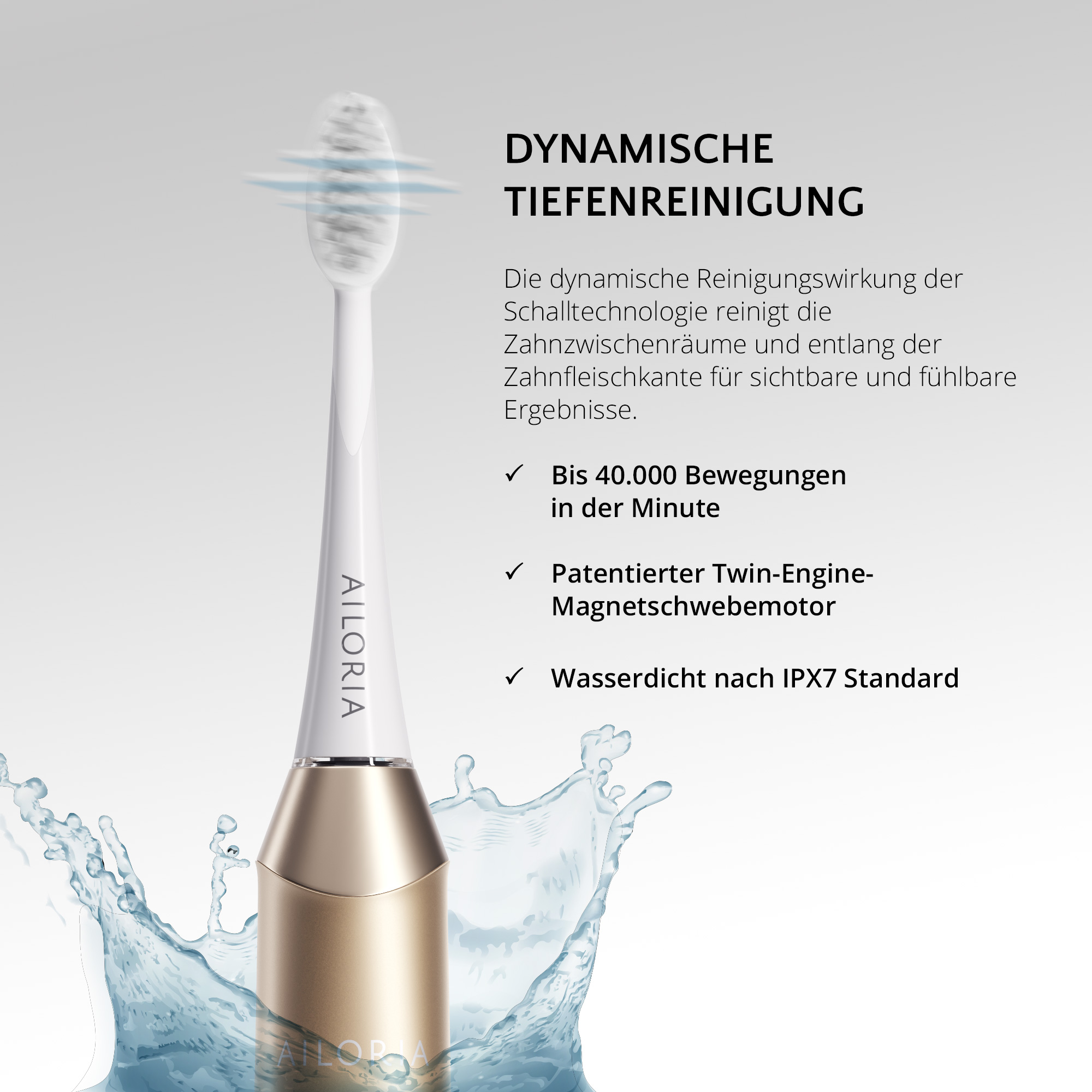 Nahaufnahme einer weißen und goldenen elektrischen Zahnbürste mit Wasserspritzern und Text auf Deutsch.