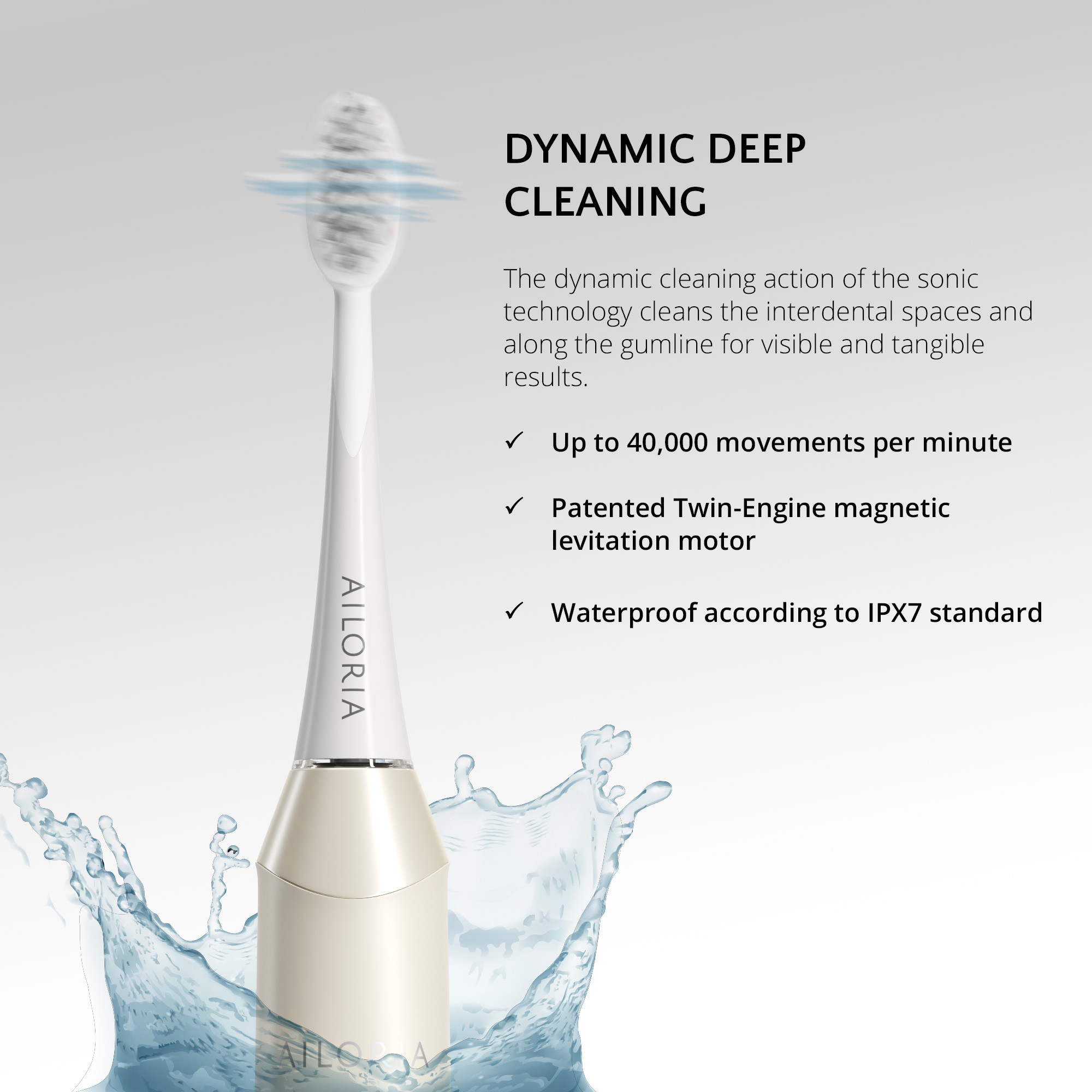 Weiße und goldene elektrische Zahnbürste mit Wasserspritzer. Text: Dynamic Deep Cleaning.