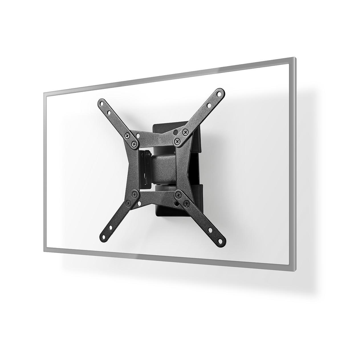 Un support mural TV noir est fixé à un téléviseur blanc. Le support a des bras avec des trous et est sur un fond blanc.