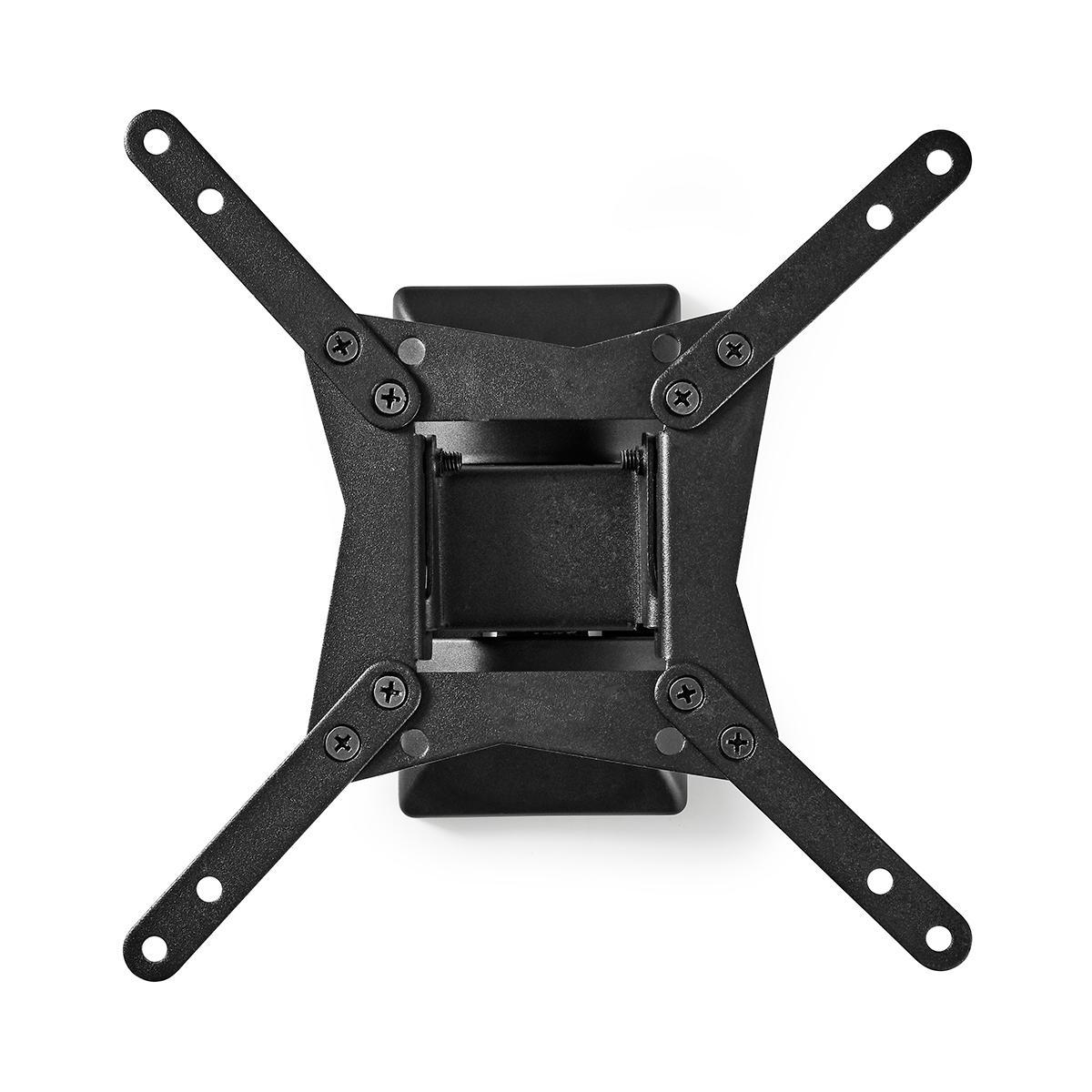 Un support mural TV en métal noir avec quatre bras extensibles, chacun avec des trous, et un support central carré, sur fond blanc.