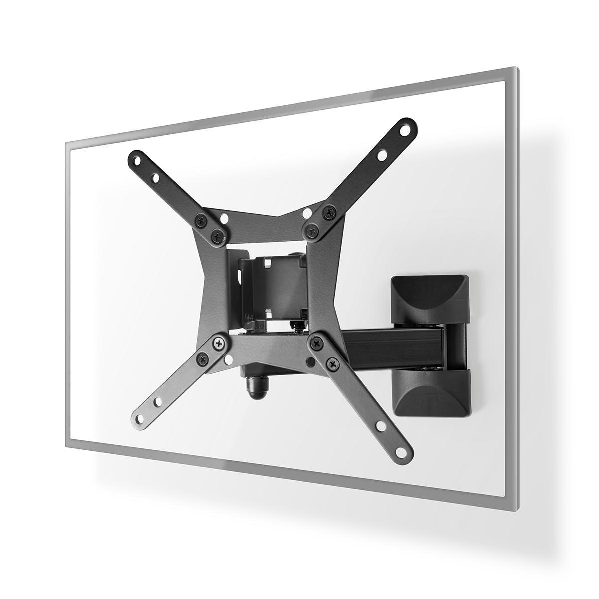 A black TV wall mount is mounted on a white screen, against a white background. The mount is articulated.