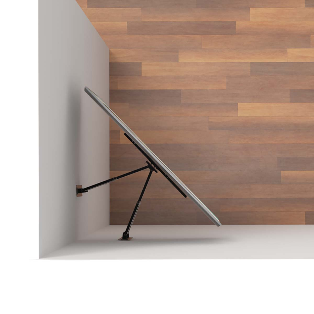 Een draaibare standaard met een groot, plat scherm in een kamer met houten wand.