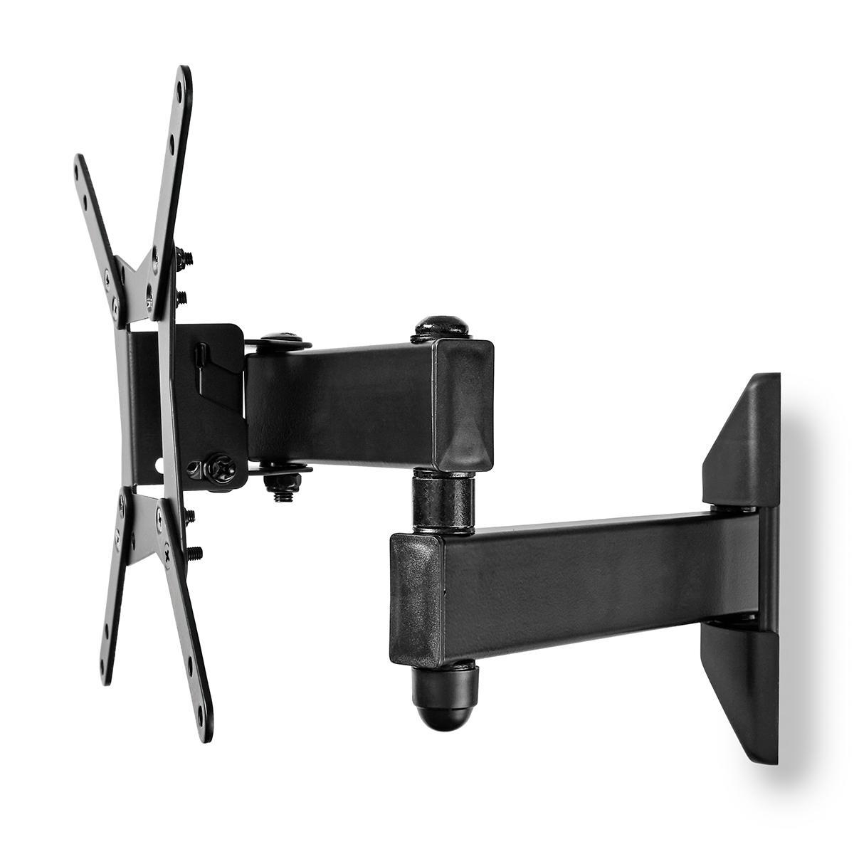 Black wall mount for a TV. It is made of metal, and is mounted on a white wall. It has several joints for adjustability.