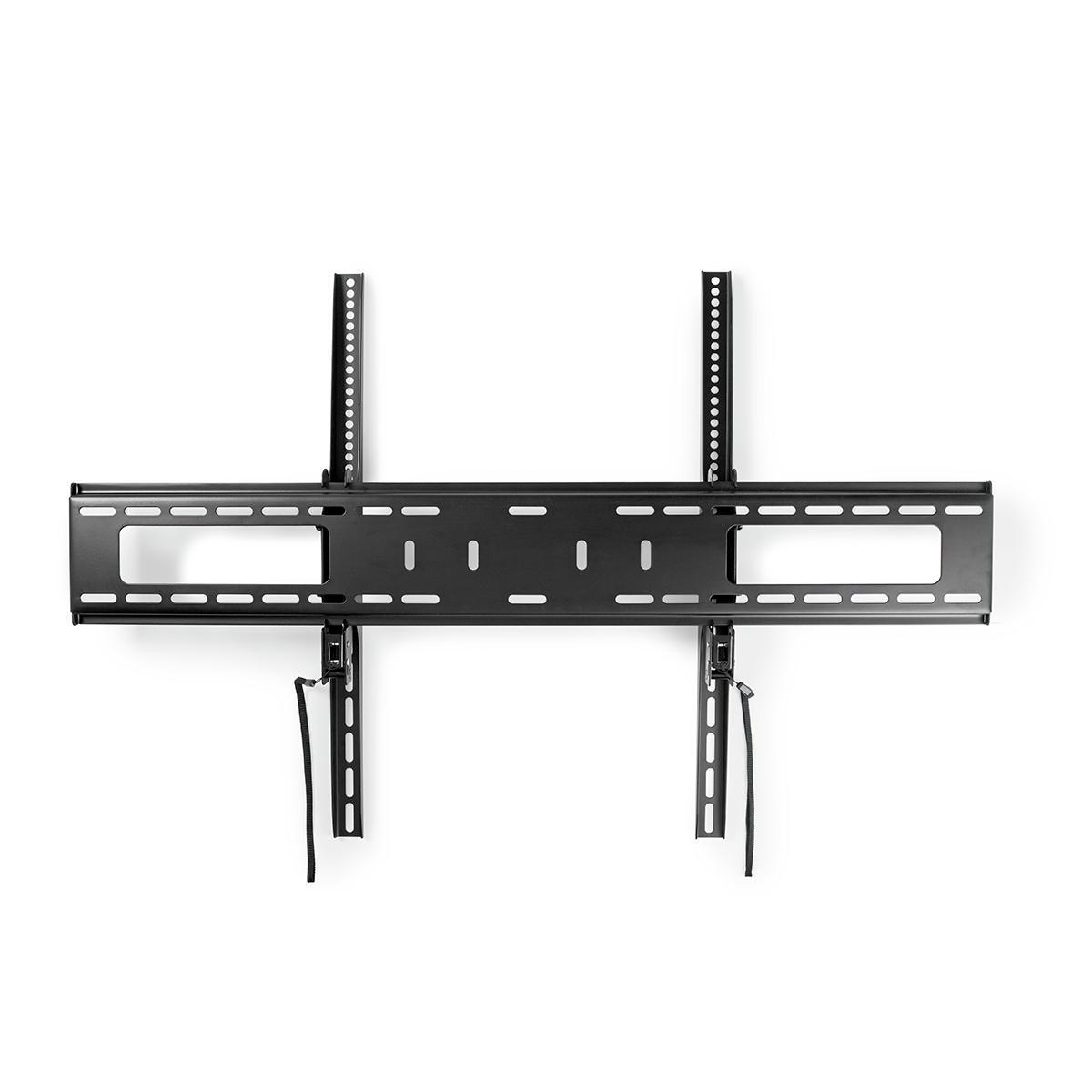 Un support mural de télévision noir est centré sur un fond blanc. Il comporte plusieurs trous et fentes pour monter un téléviseur.