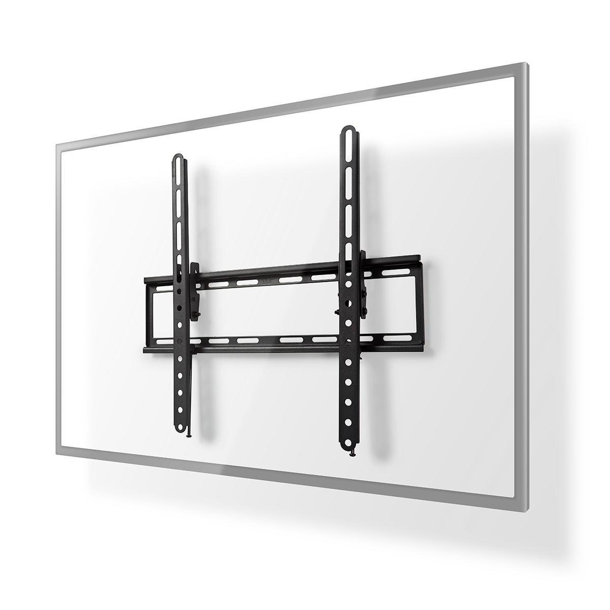 Un support mural TV noir est centré sur un fond blanc. Le support se compose de pièces métalliques verticales et horizontales.