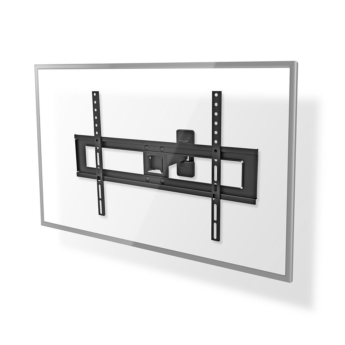 Un support mural TV noir est monté sur une surface blanche. Le cadre est gris. Le support a des supports verticaux et horizontaux.