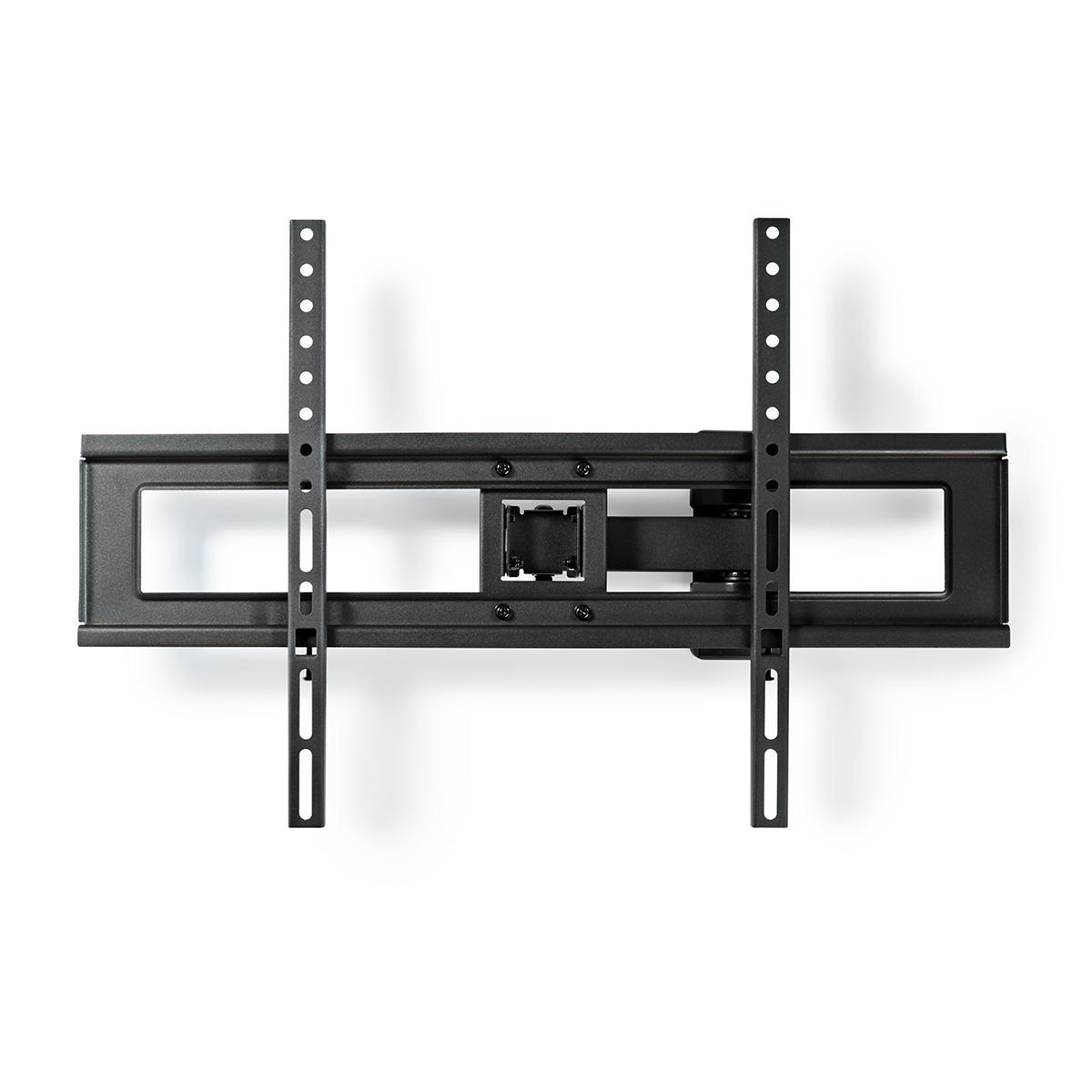 Support mural TV noir sur fond blanc. Il comporte deux barres verticales trouées et un cadre horizontal avec un mécanisme central.