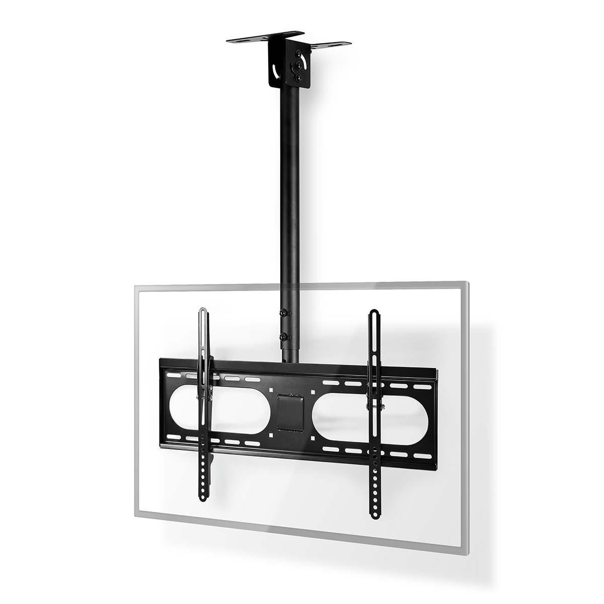 Una staffa TV nera da soffitto, con piastra di montaggio rettangolare e bracci regolabili, su sfondo bianco.