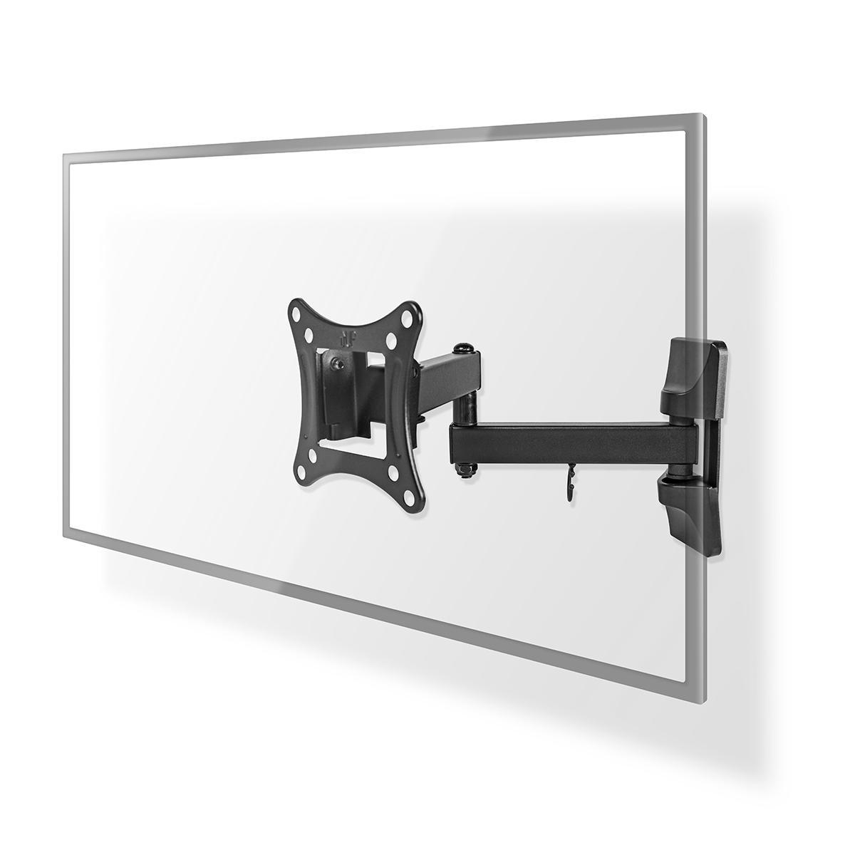 Een zwarte tv-muurbeugel is bevestigd aan een wit oppervlak, met een lichtgrijze rand. De beugel is een scharnierende arm.