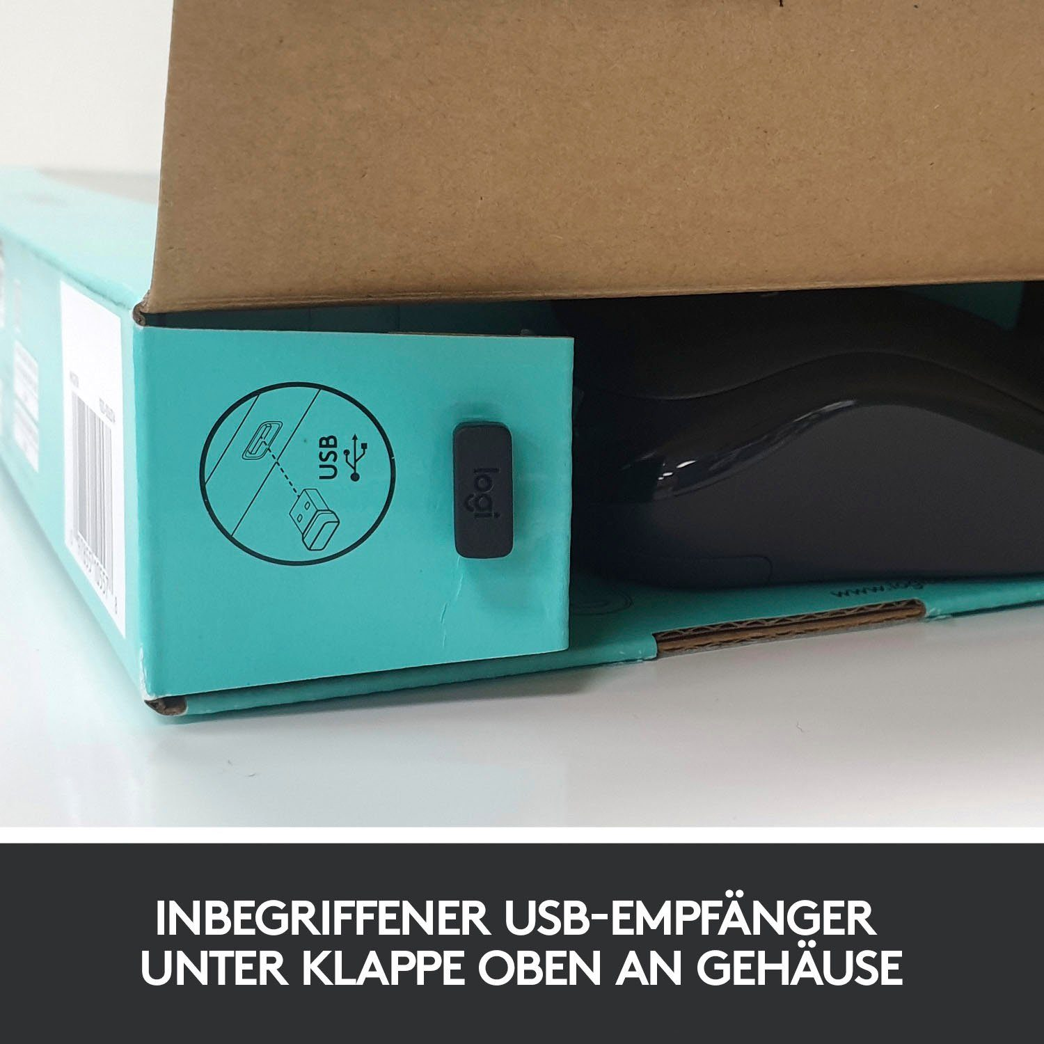 Il mouse è all'interno della scatola. Il ricevitore USB si trova sotto lo sportello nella parte superiore.