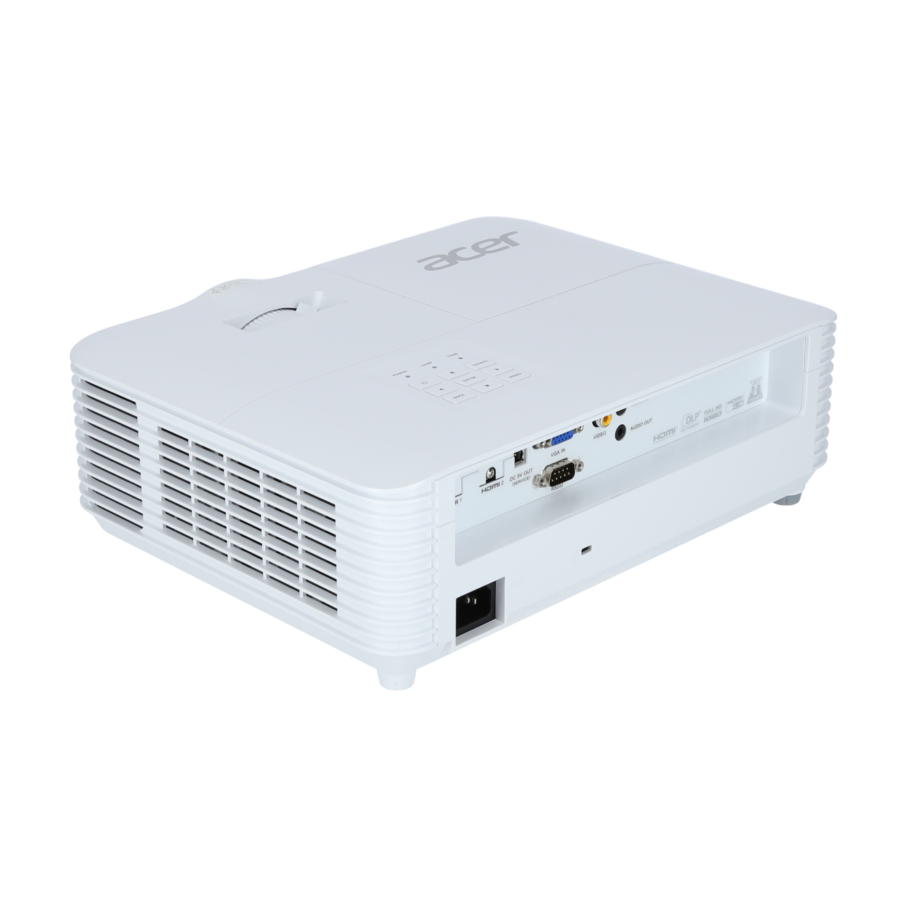 Un proyector Acer blanco con botones y puertos. El fondo es blanco.