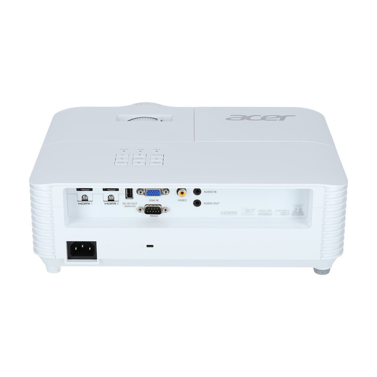Proyector Acer blanco. La parte trasera con múltiples puertos. Texto: Acer