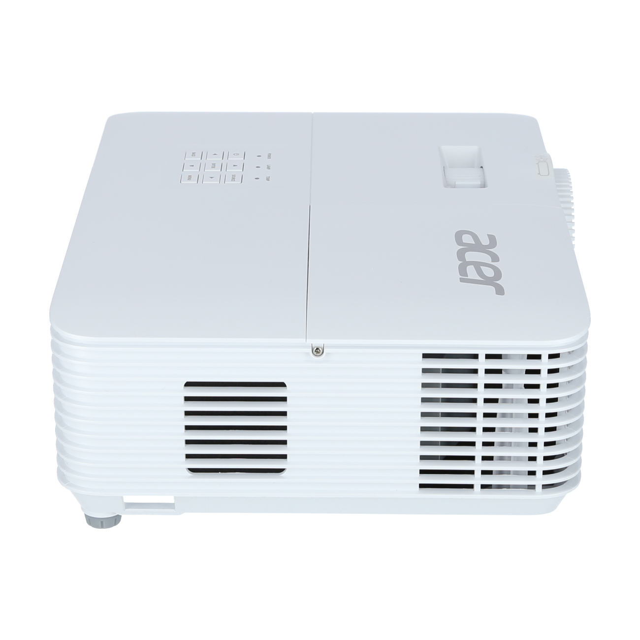 Proyector Acer blanco. El dispositivo tiene un panel de control y el logotipo de Acer.