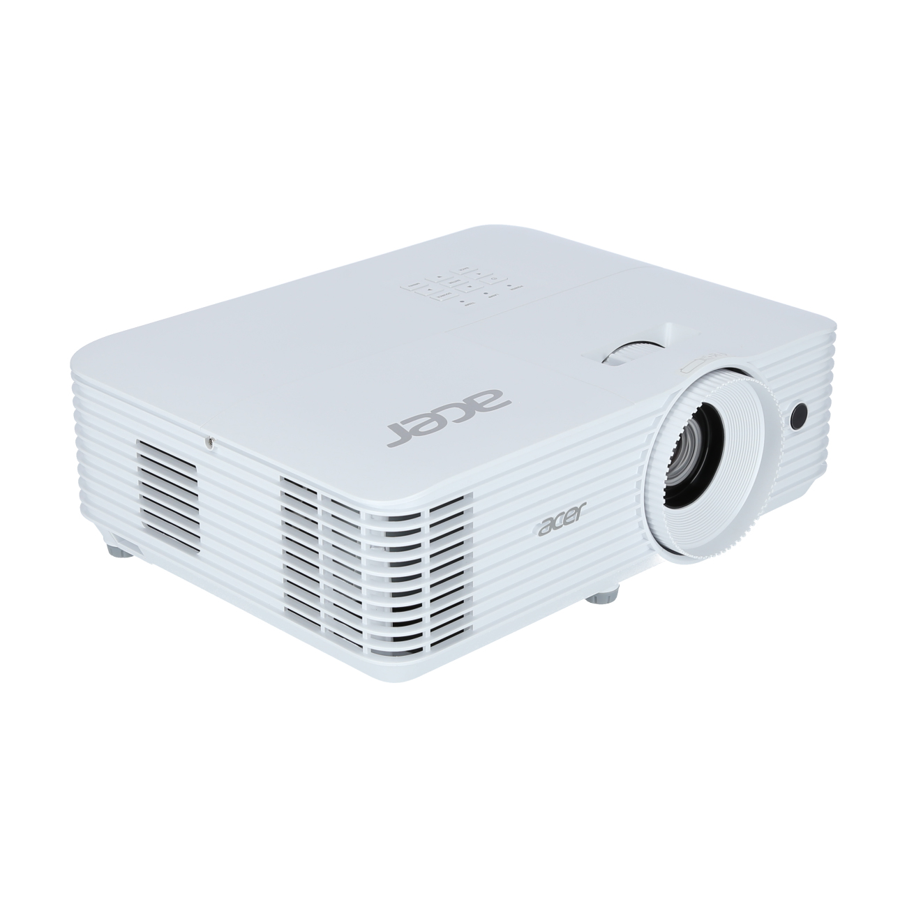 Proyector Acer blanco con logo Acer, fondo blanco, vista lateral.